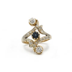 Art Nouveau Swirl Ring 18K Gold Diamond & Sapphire Three-Stone Ring