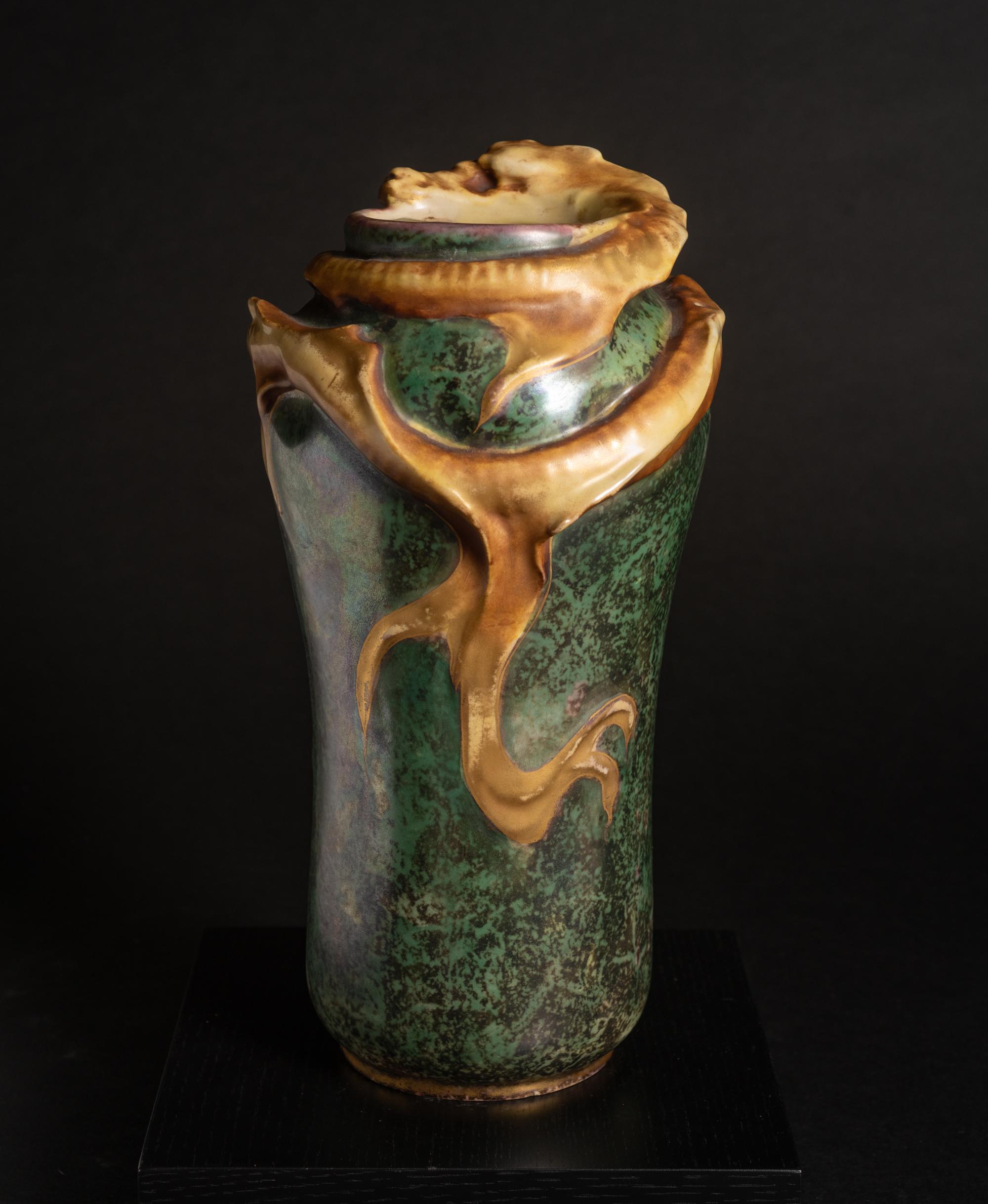 Early 20th Century Art Nouveau Swirling Water Dragon Vase by Eduard Stellmacher for RStK Amphora For Sale