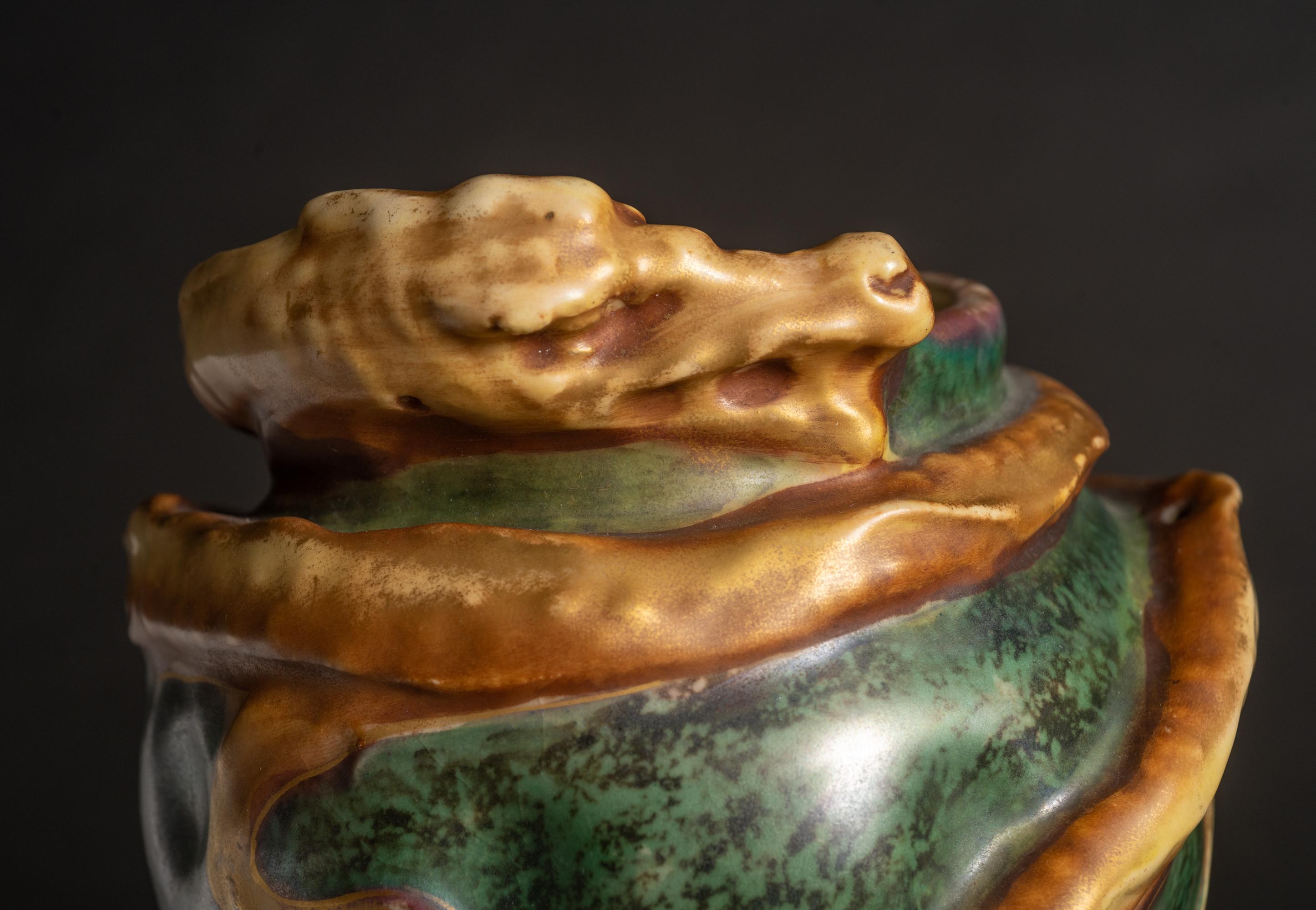 Art Nouveau Swirling Water Dragon Vase by Eduard Stellmacher for RStK Amphora For Sale 1