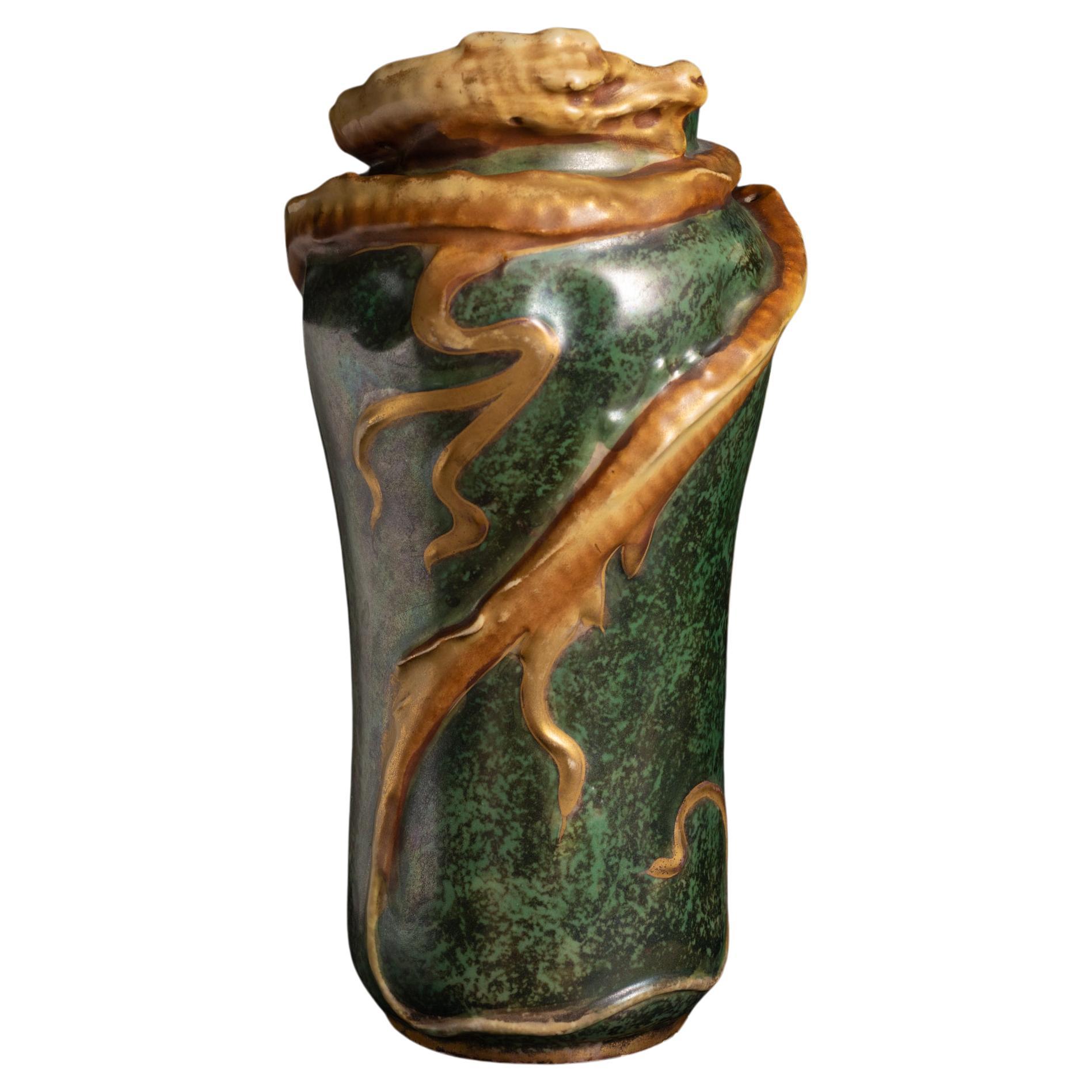 Art Nouveau Swirling Water Dragon Vase by Eduard Stellmacher for RStK Amphora For Sale