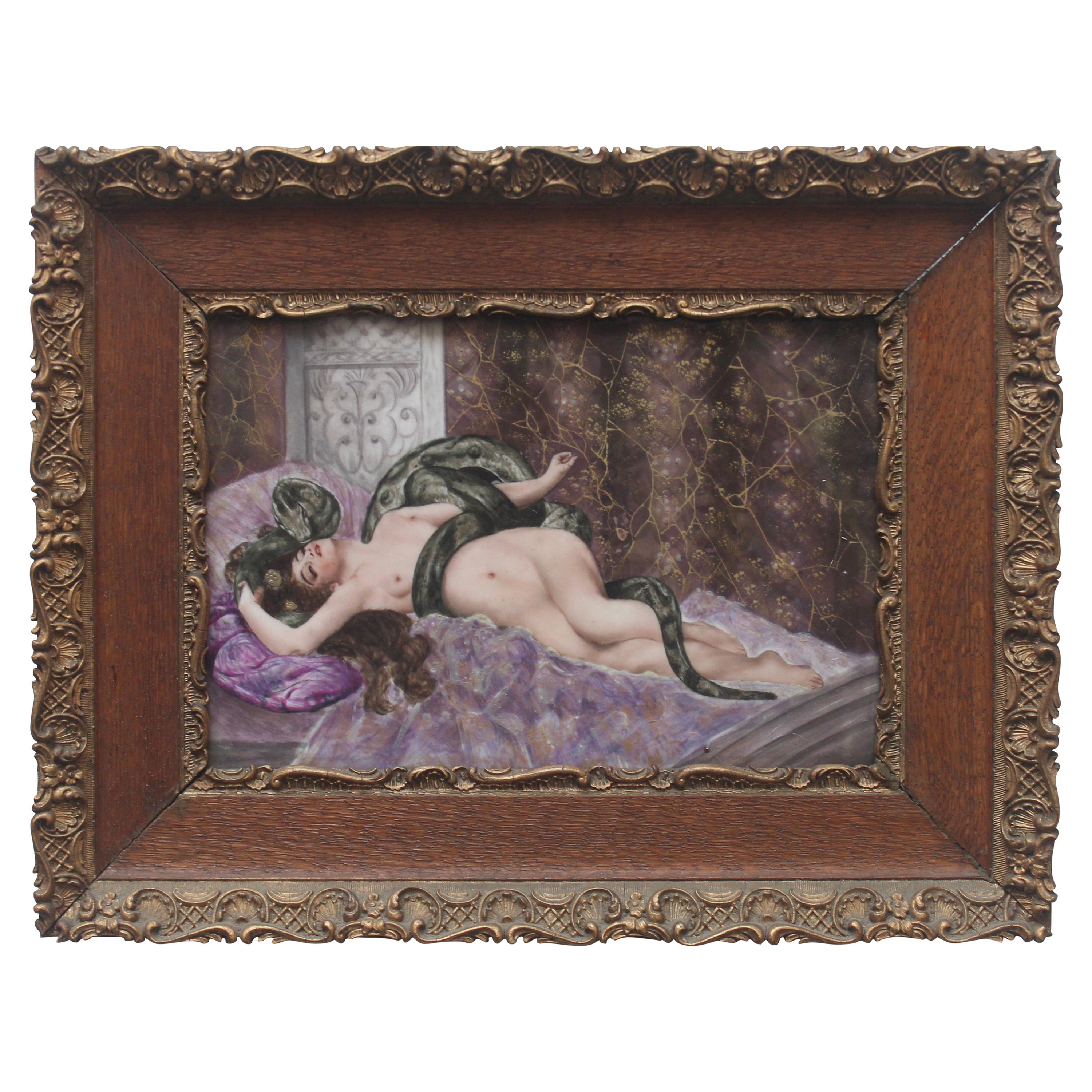 Art Nouveau Symbolist Hand Painted Porcelain Plaque "Eve and the Snake"