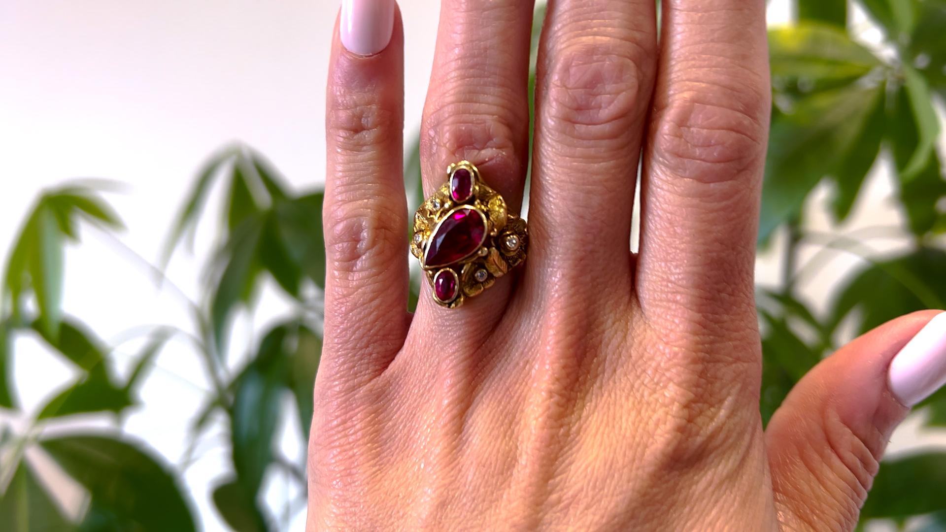 Pear Cut Art Nouveau Synthetic Ruby and Diamond 14k Yellow Gold Ring