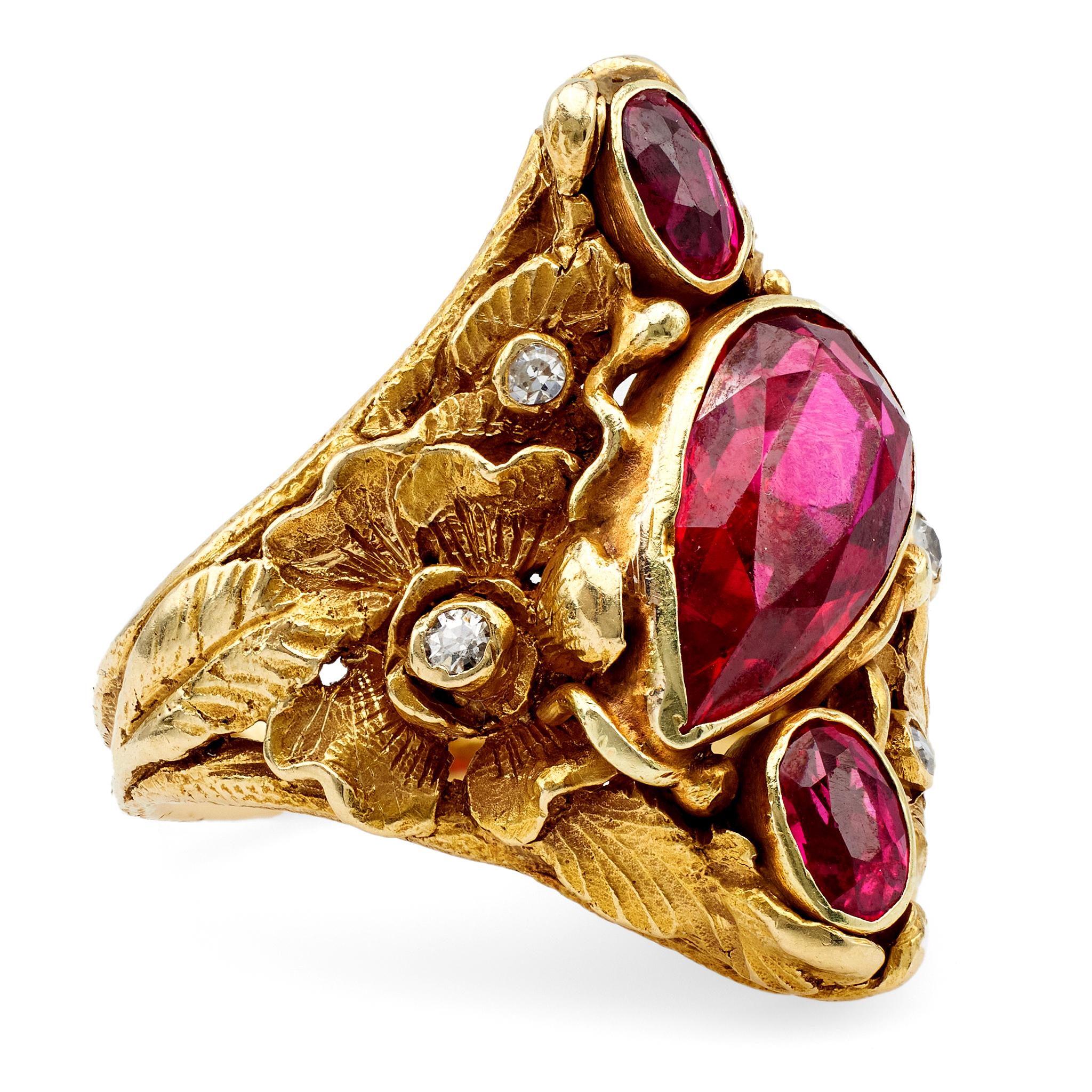 Women's or Men's Art Nouveau Synthetic Ruby and Diamond 14k Yellow Gold Ring