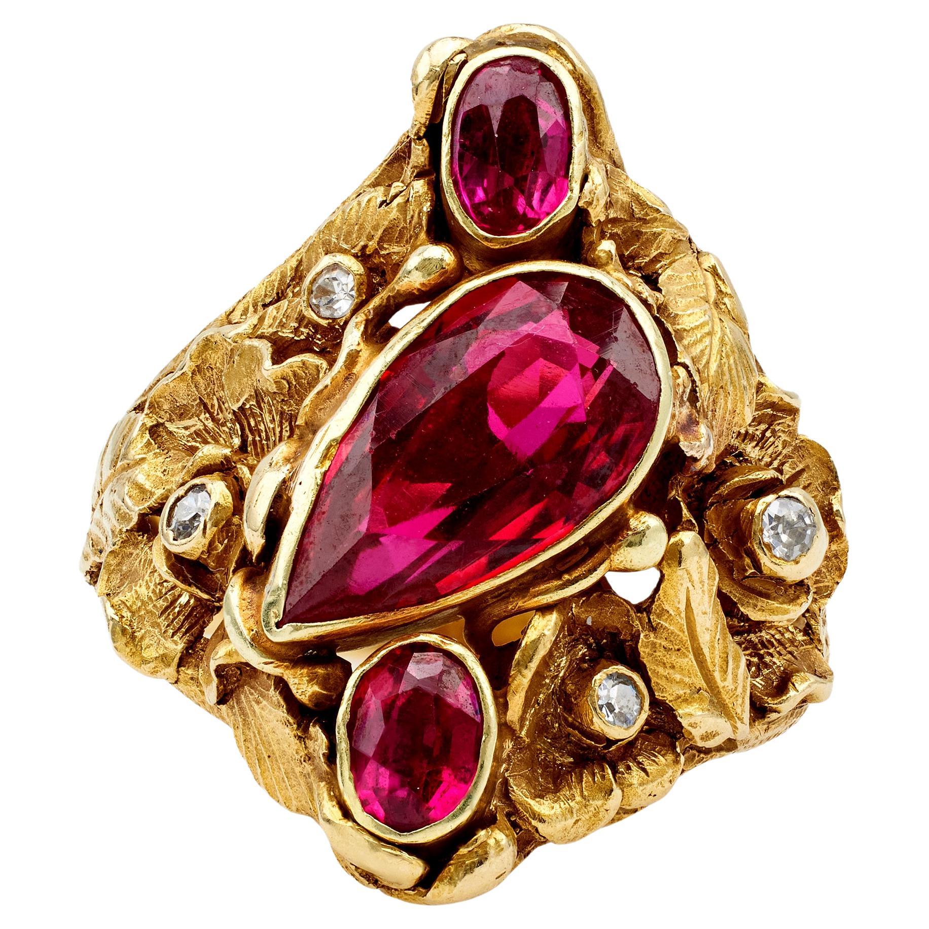 Art Nouveau Synthetic Ruby and Diamond 14k Yellow Gold Ring