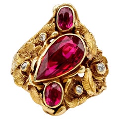 Art Nouveau Synthetic Ruby and Diamond 14k Yellow Gold Ring