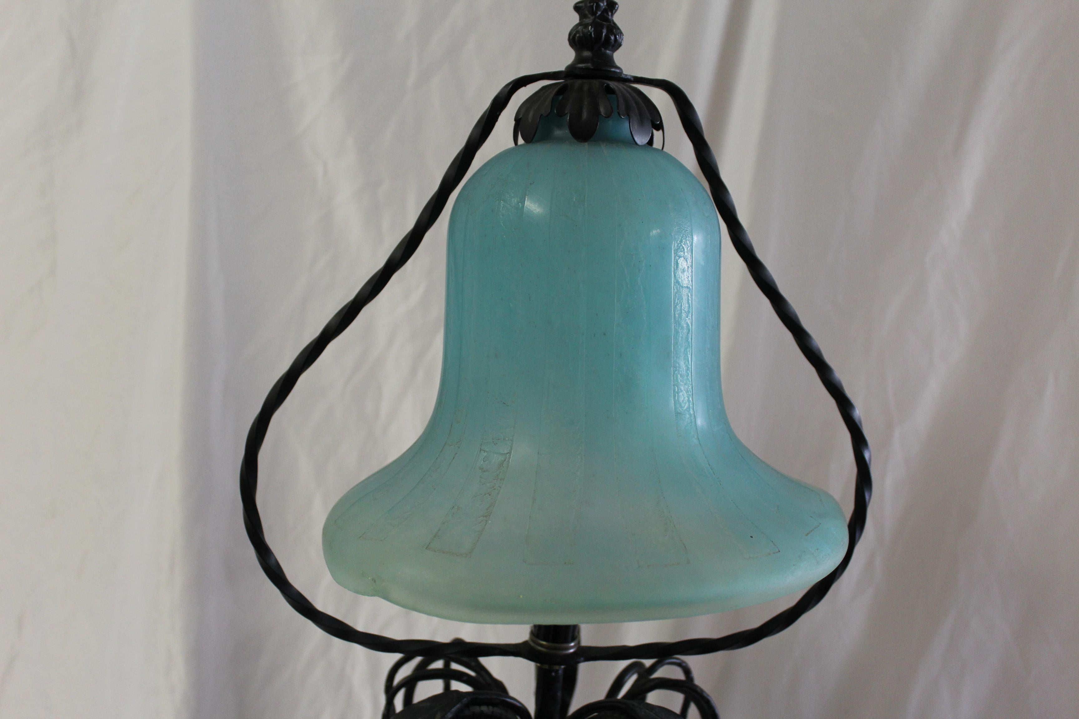 Forged Art Nouveau Table Lamp , Art glass shade  Wrought iron For Sale