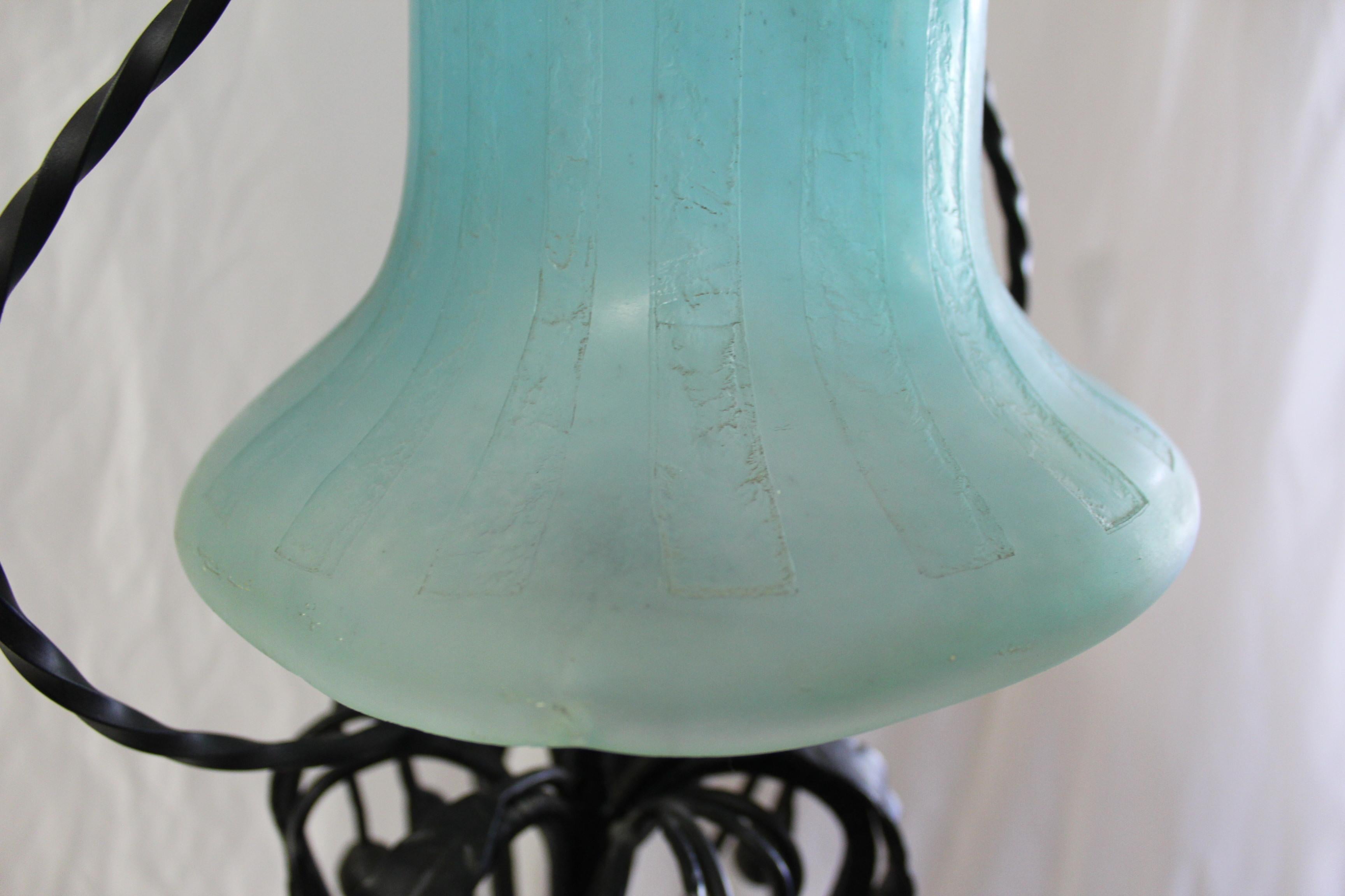 Art Nouveau Table Lamp , Art glass shade  Wrought iron In Good Condition For Sale In Los Angeles, CA