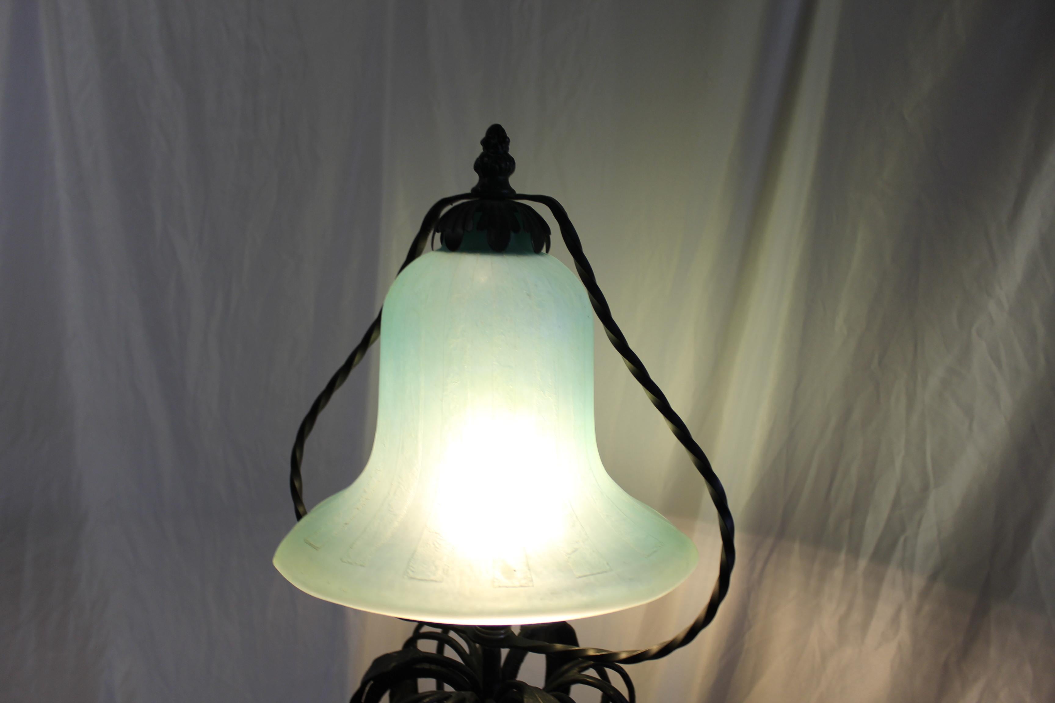 Late 20th Century Art Nouveau Table Lamp , Art glass shade  Wrought iron For Sale