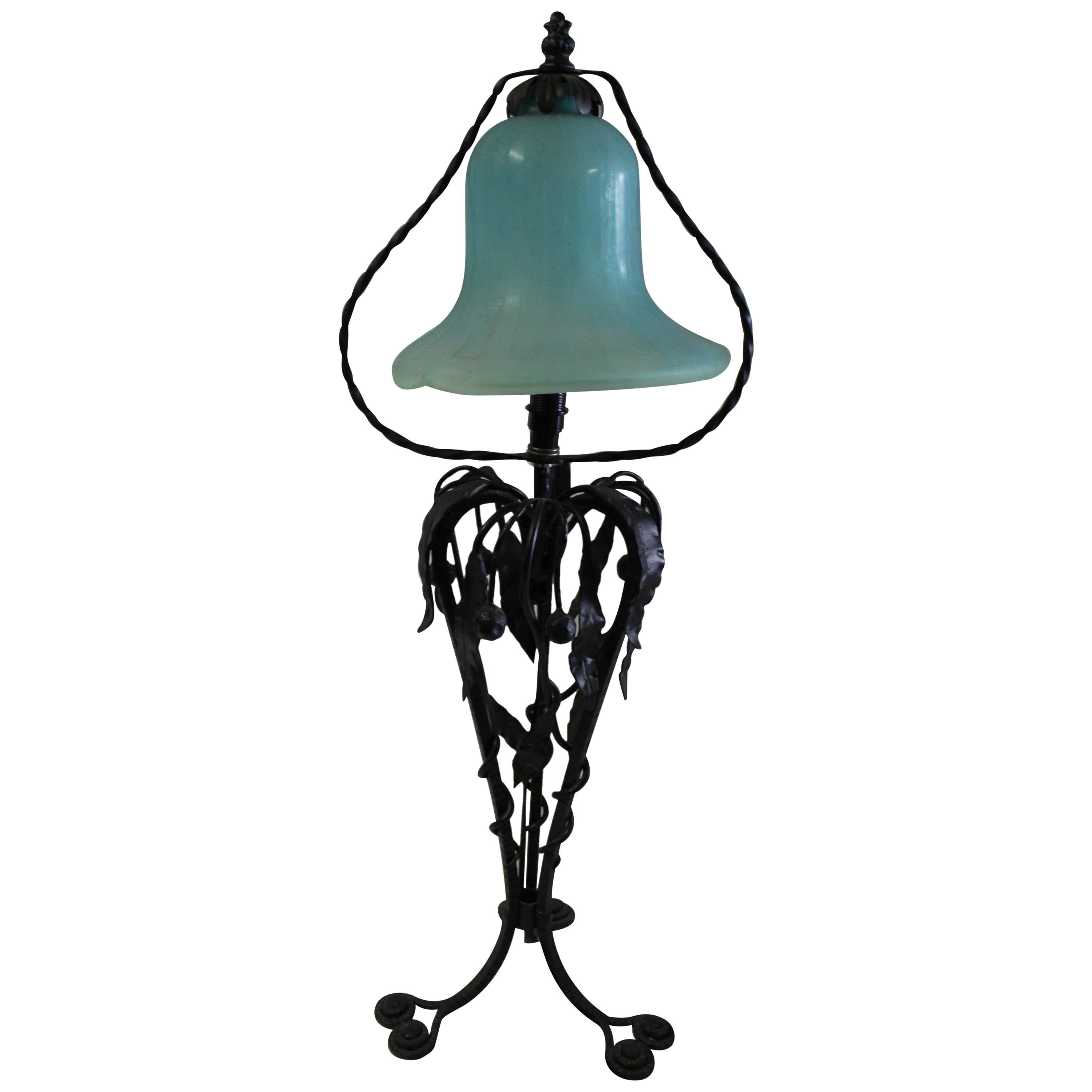Art Nouveau Table Lamp , Art glass shade  Wrought iron For Sale