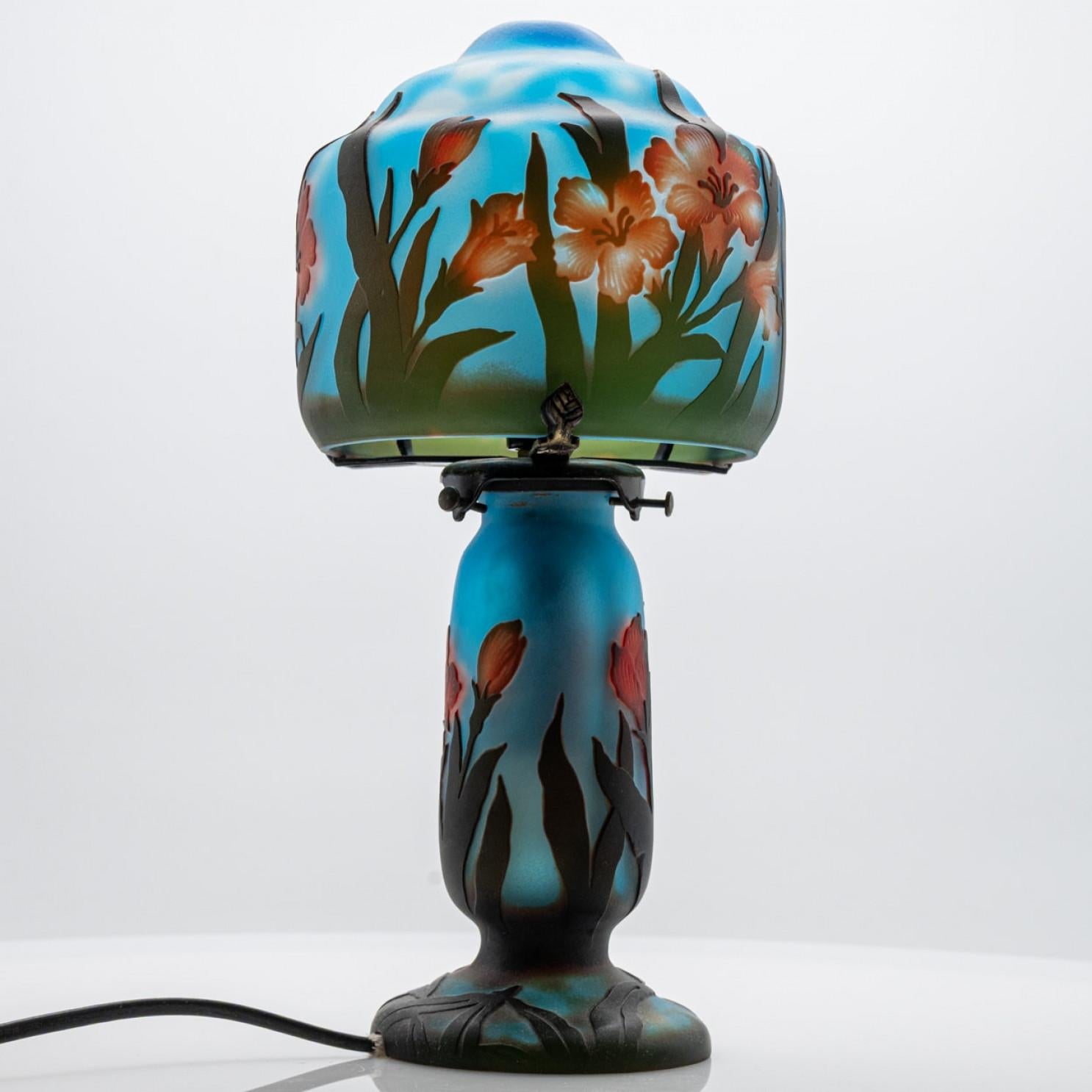 Art Nouveau Lámpara de mesa Azul Ámbar Marrón Floral Vidrio Impreso, Francia en venta 4