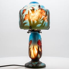 Art Nouveau Table Lamp Blue Amber Brown Floral Print Glass, France