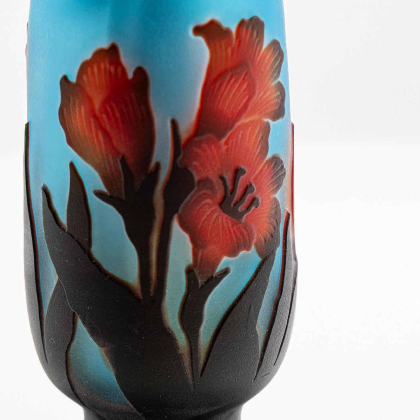 Art Nouveau Lámpara de mesa Azul Ámbar Marrón Floral Vidrio Impreso, Francia Hecho a mano en venta