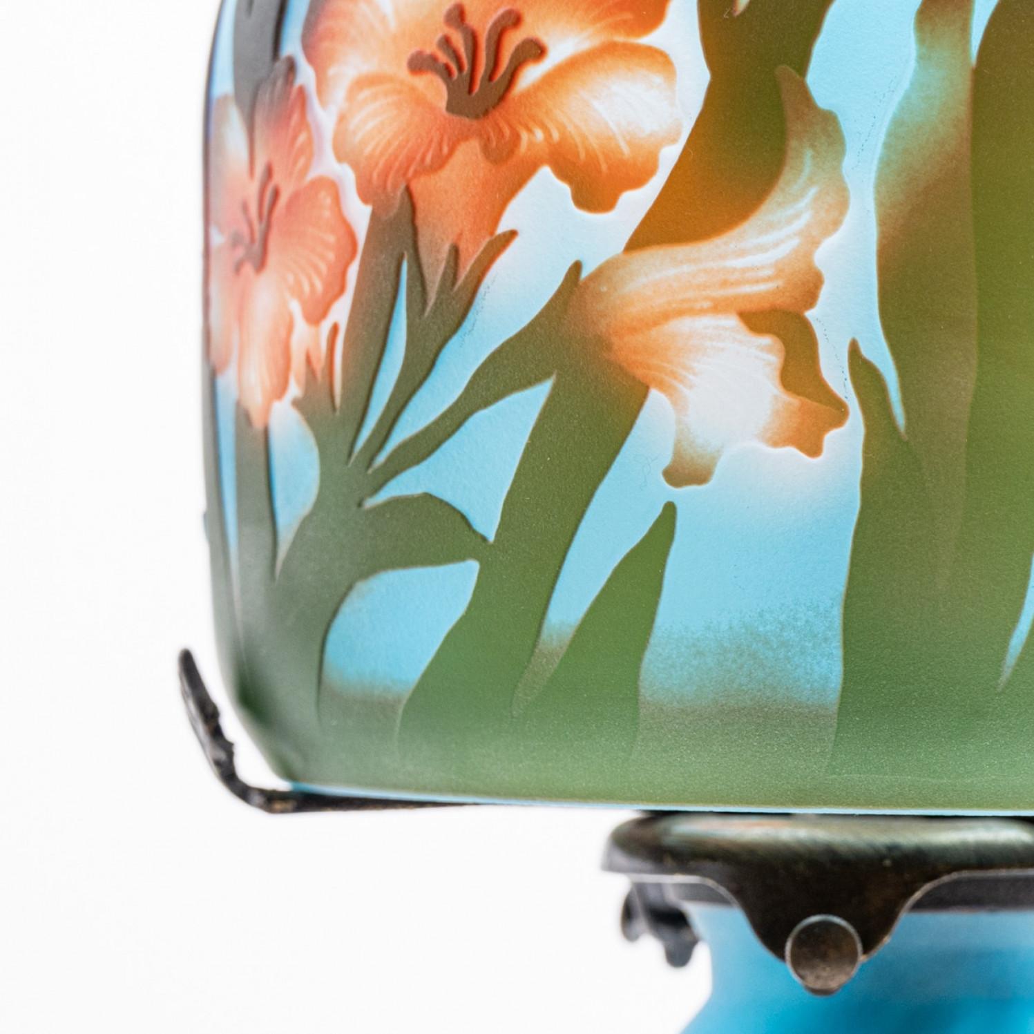 Art Nouveau Lámpara de mesa Azul Ámbar Marrón Floral Vidrio Impreso, Francia en Bueno estado para la venta en Rijssen, NL