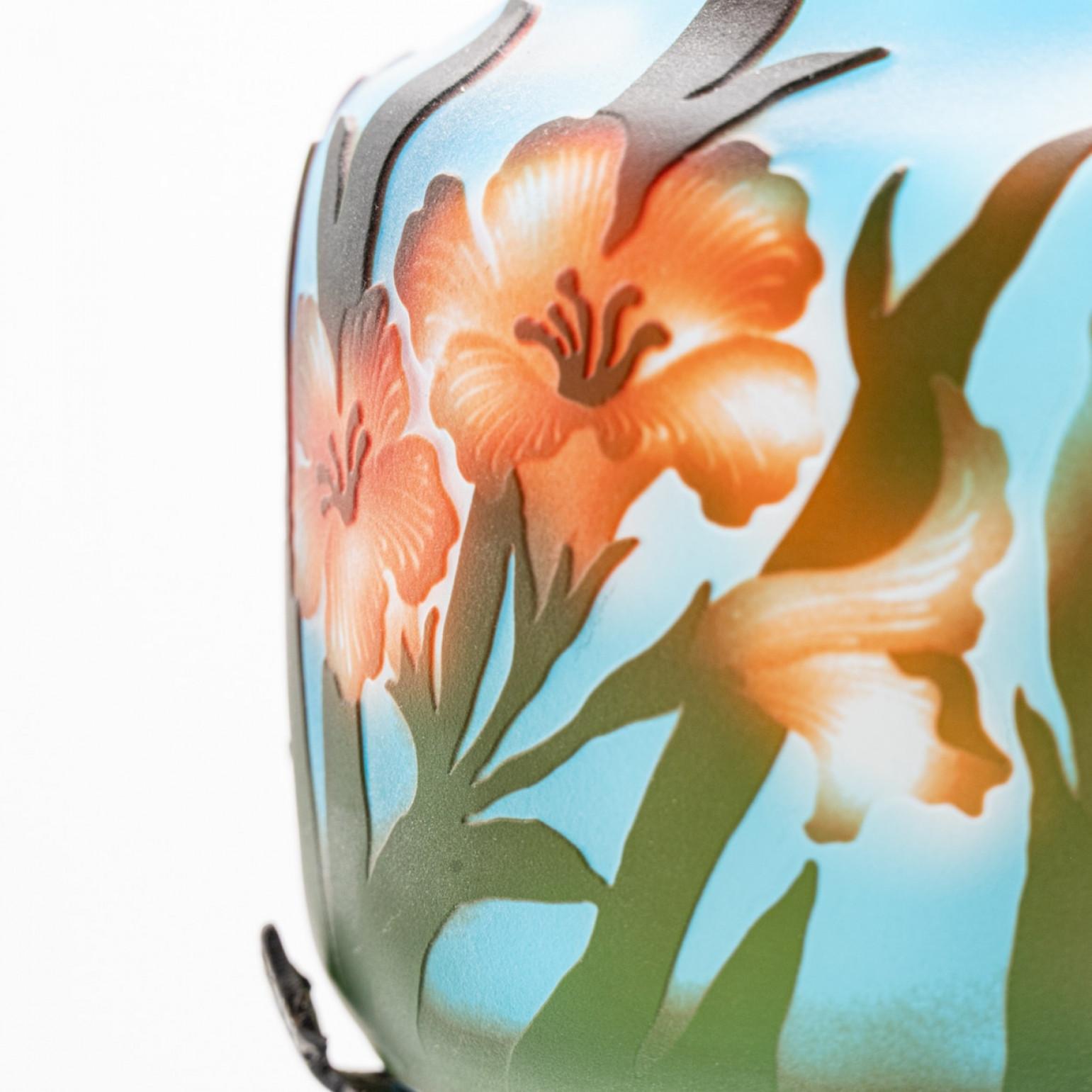 Art Nouveau Lámpara de mesa Azul Ámbar Marrón Floral Vidrio Impreso, Francia en venta 2