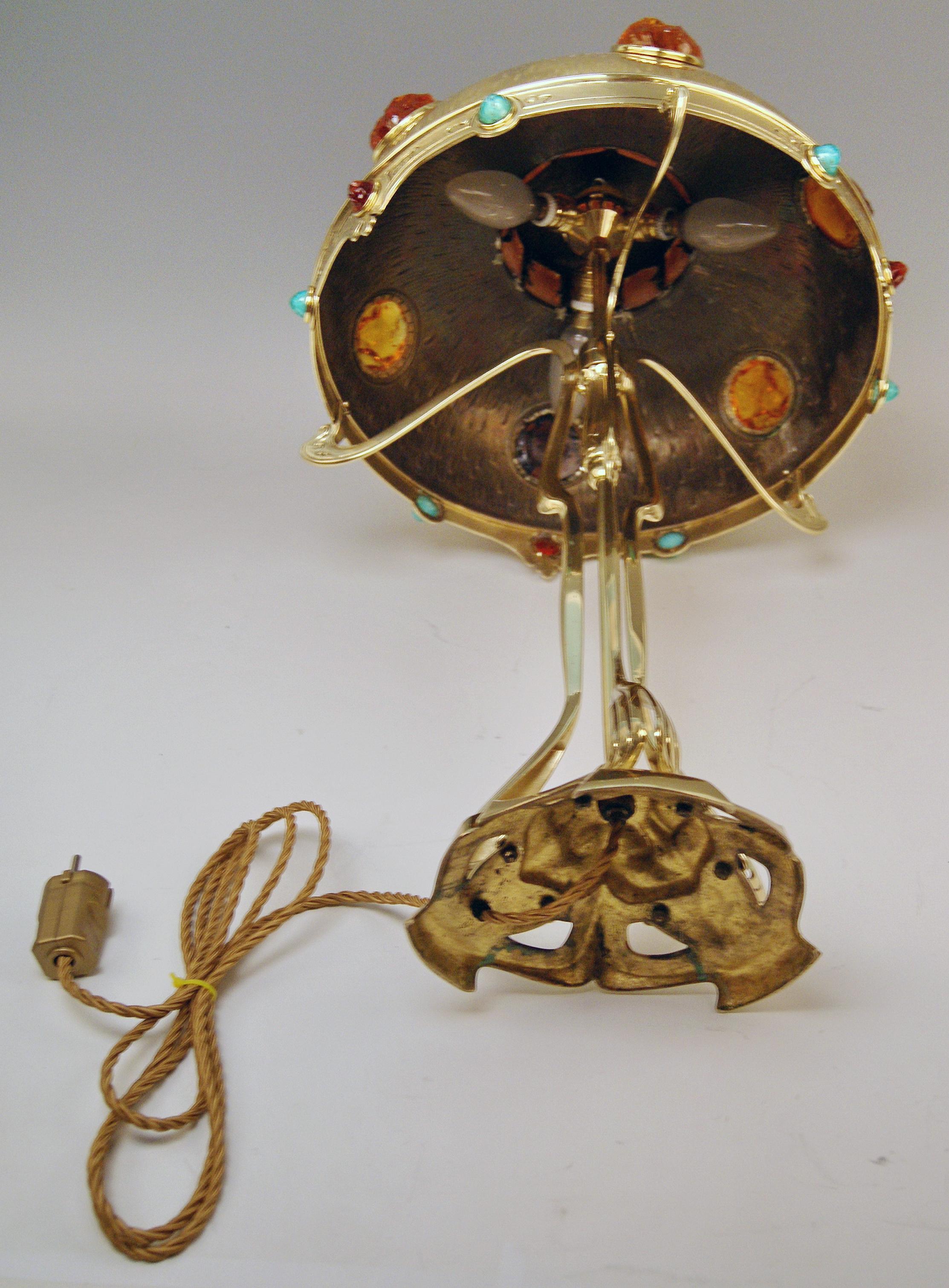 Art Nouveau Table Lamp Brass Multicolored Glass Stones Vienna, circa 1905-1910 8