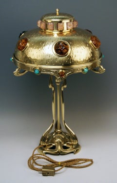Art Nouveau Table Lamp Brass Multicolored Glass Stones Vienna, circa 1905-1910