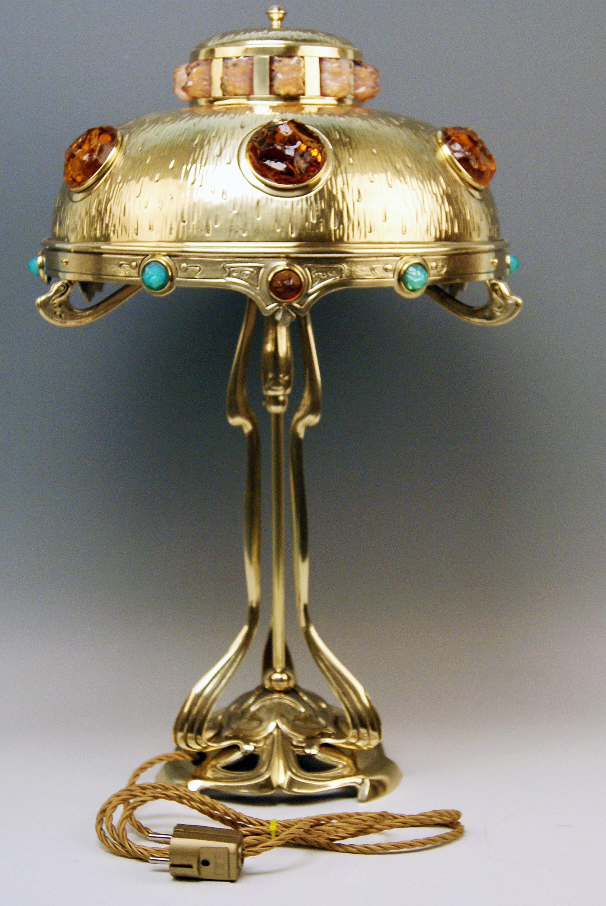 Art Nouveau Table Lamp Brass Multicolored Glass Stones Vienna, circa 1905-1910 1