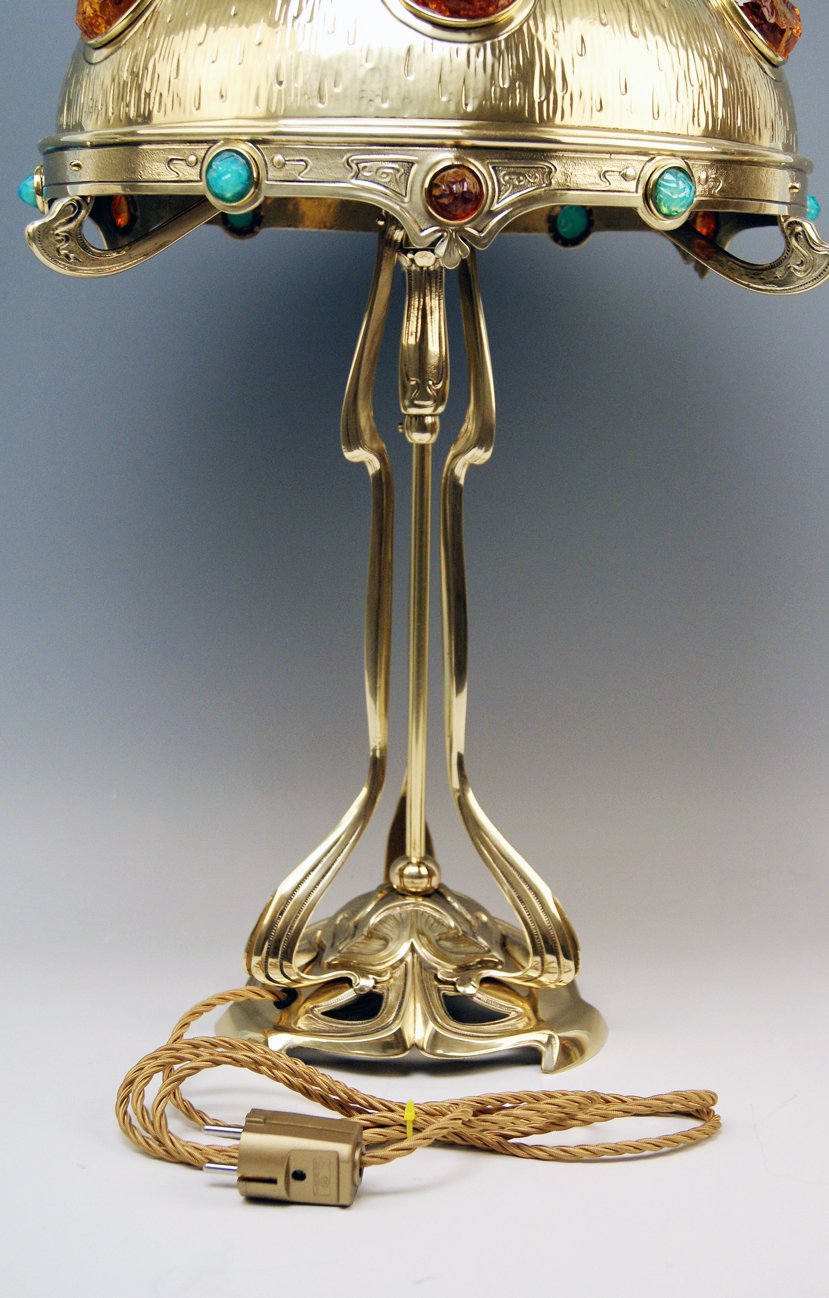 Art Nouveau Table Lamp Brass Multicolored Glass Stones Vienna, circa 1905-1910 2