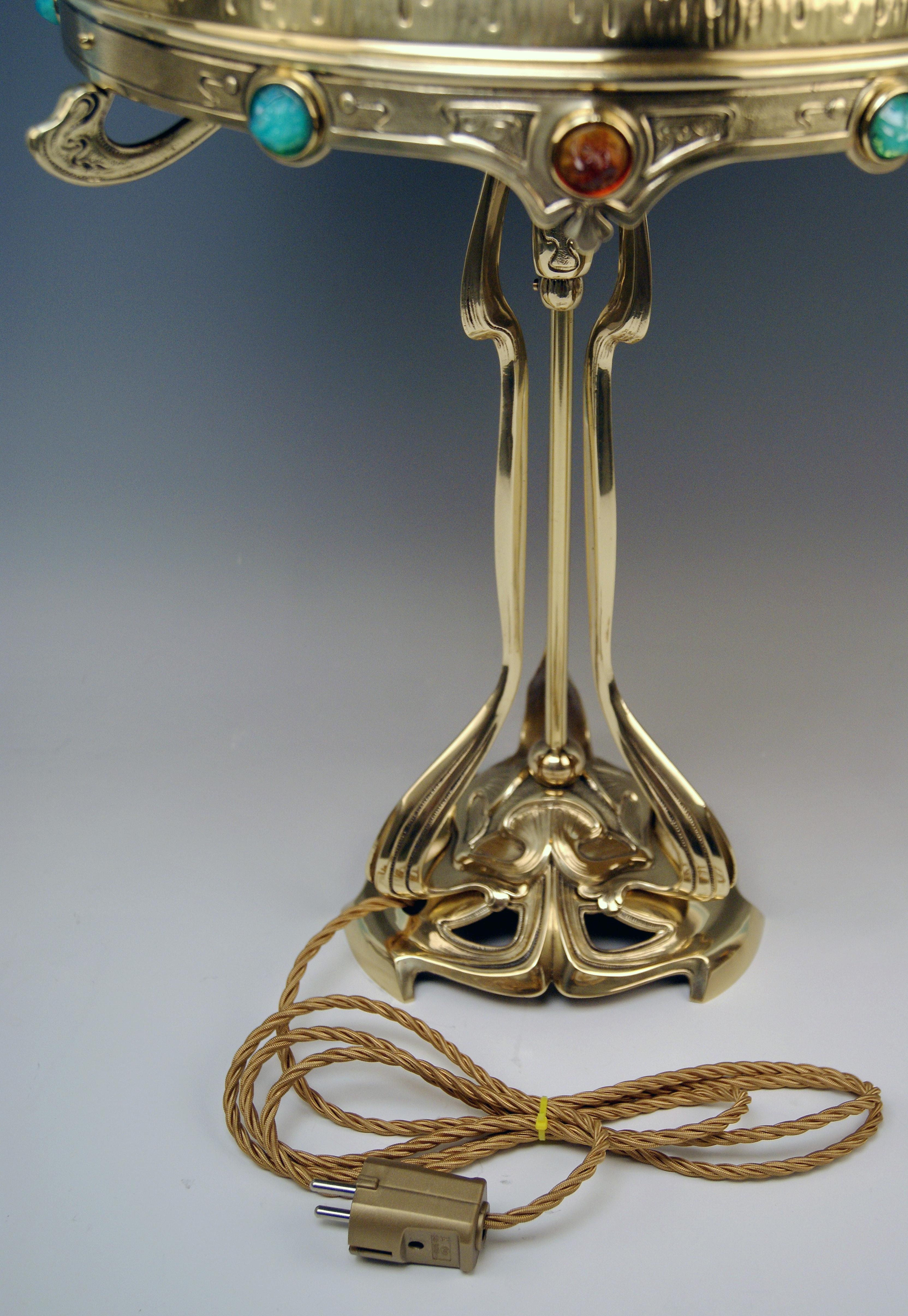 Art Nouveau Table Lamp Brass Multicolored Glass Stones Vienna, circa 1905-1910 3