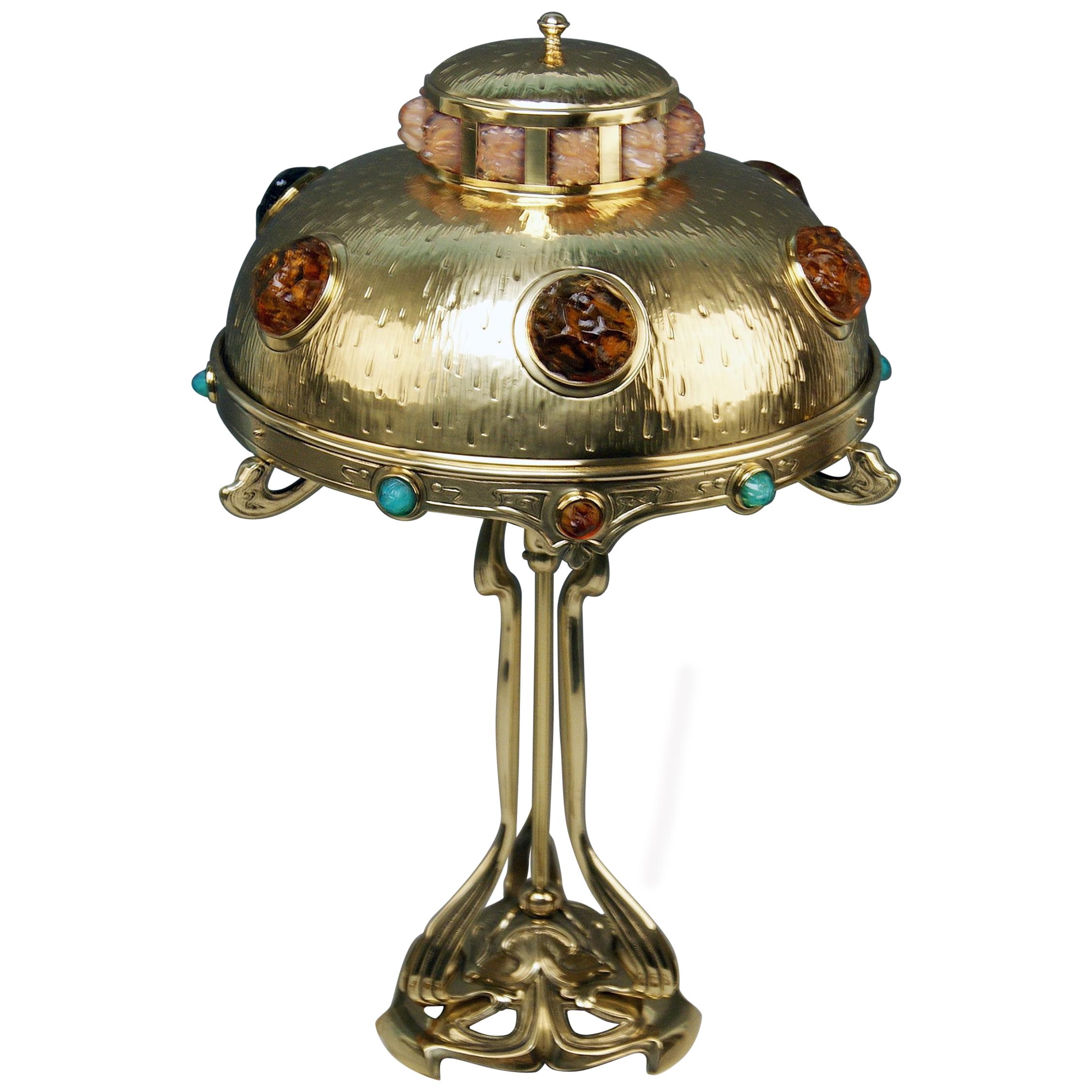 Art Nouveau Table Lamp Brass Multicolored Glass Stones Vienna, circa 1905-1910