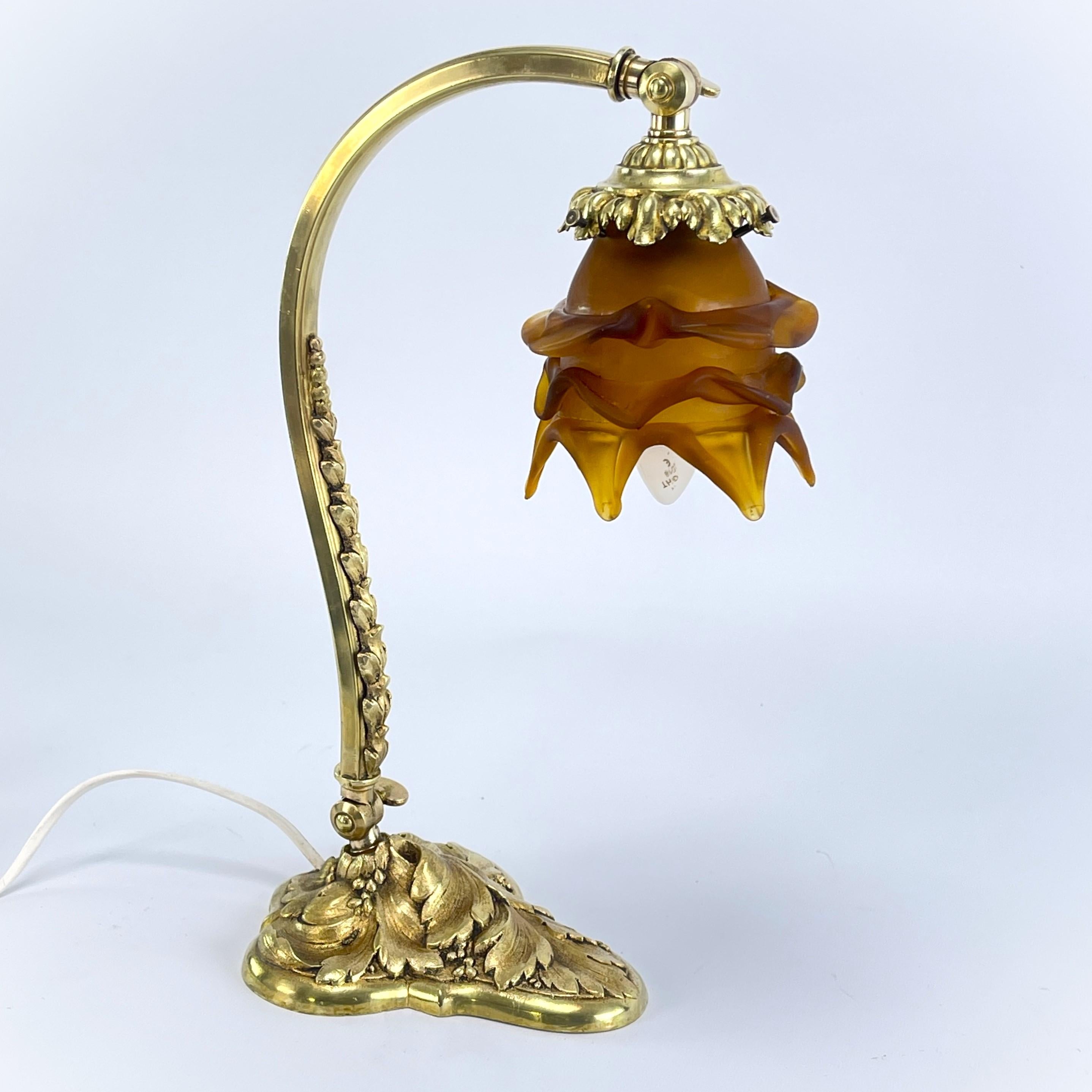 French Art Nouveau Table Lamp Bronze with rose glasse, 1910s