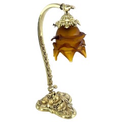 Antique Art Nouveau Table Lamp Bronze with rose glasse, 1910s