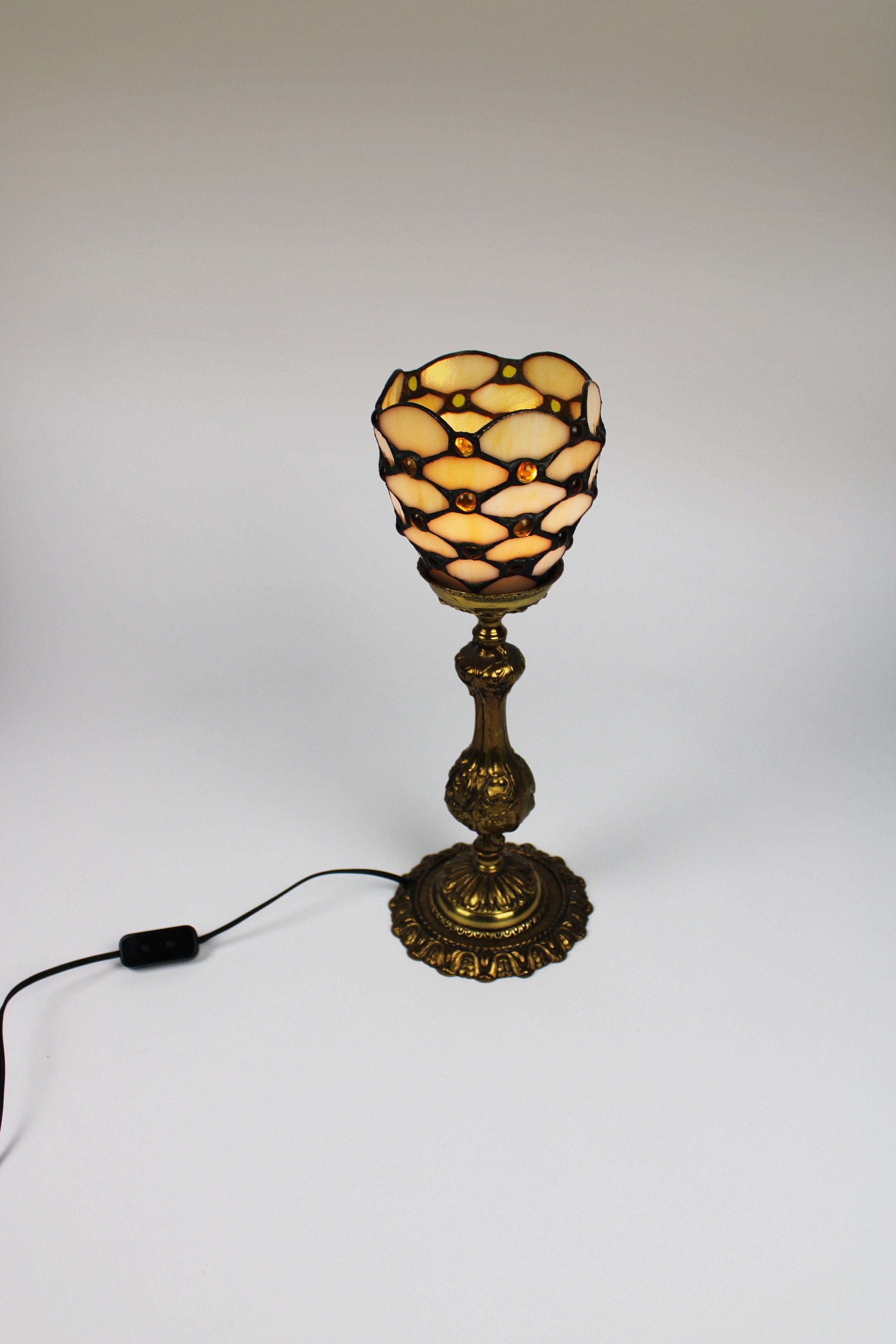French Art Nouveau Table Lamp Glass Bronze Jugendstil Handcraft Tiffany Style 1950's