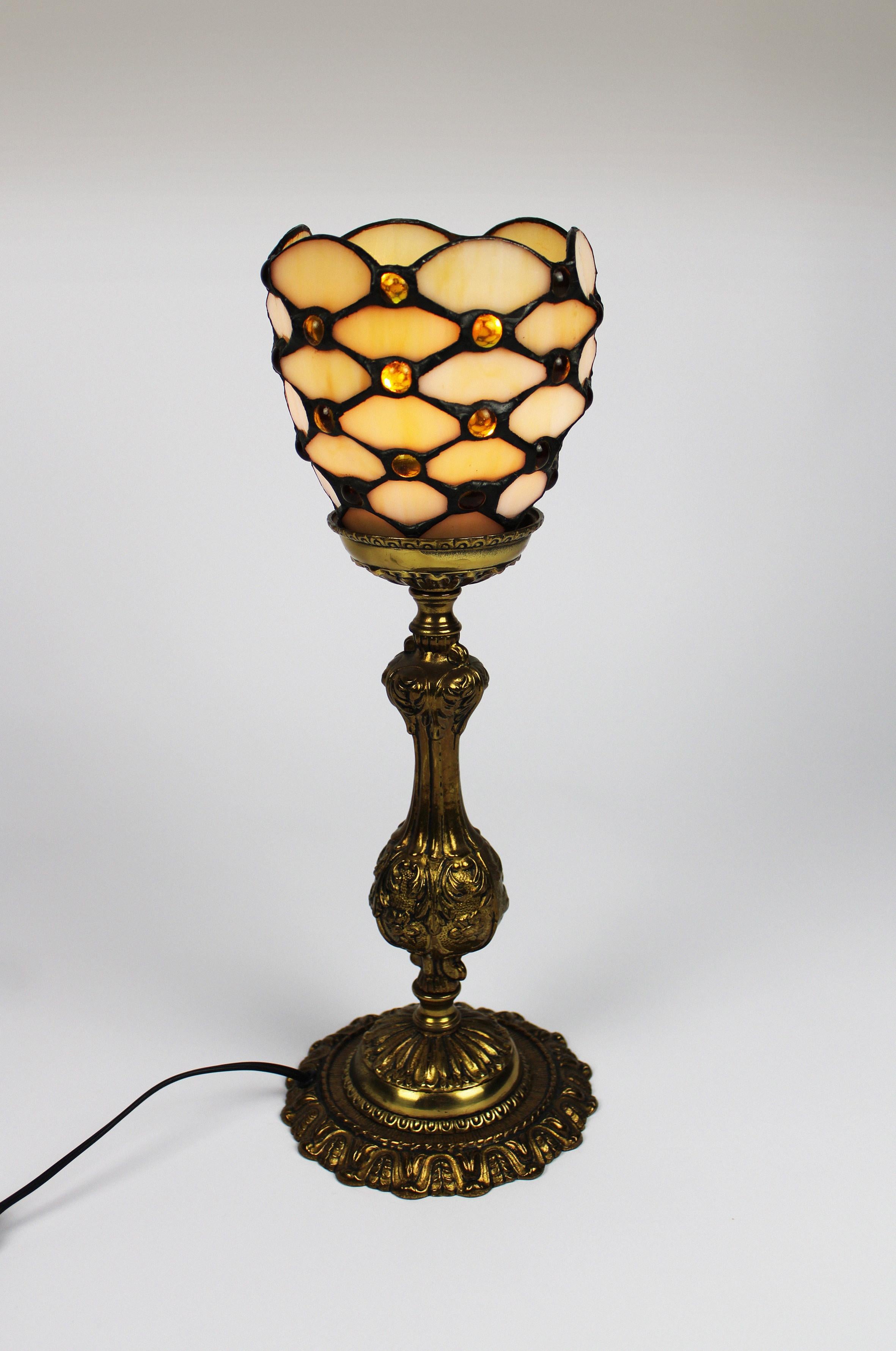 Hand-Crafted Art Nouveau Table Lamp Glass Bronze Jugendstil Handcraft Tiffany Style 1950's