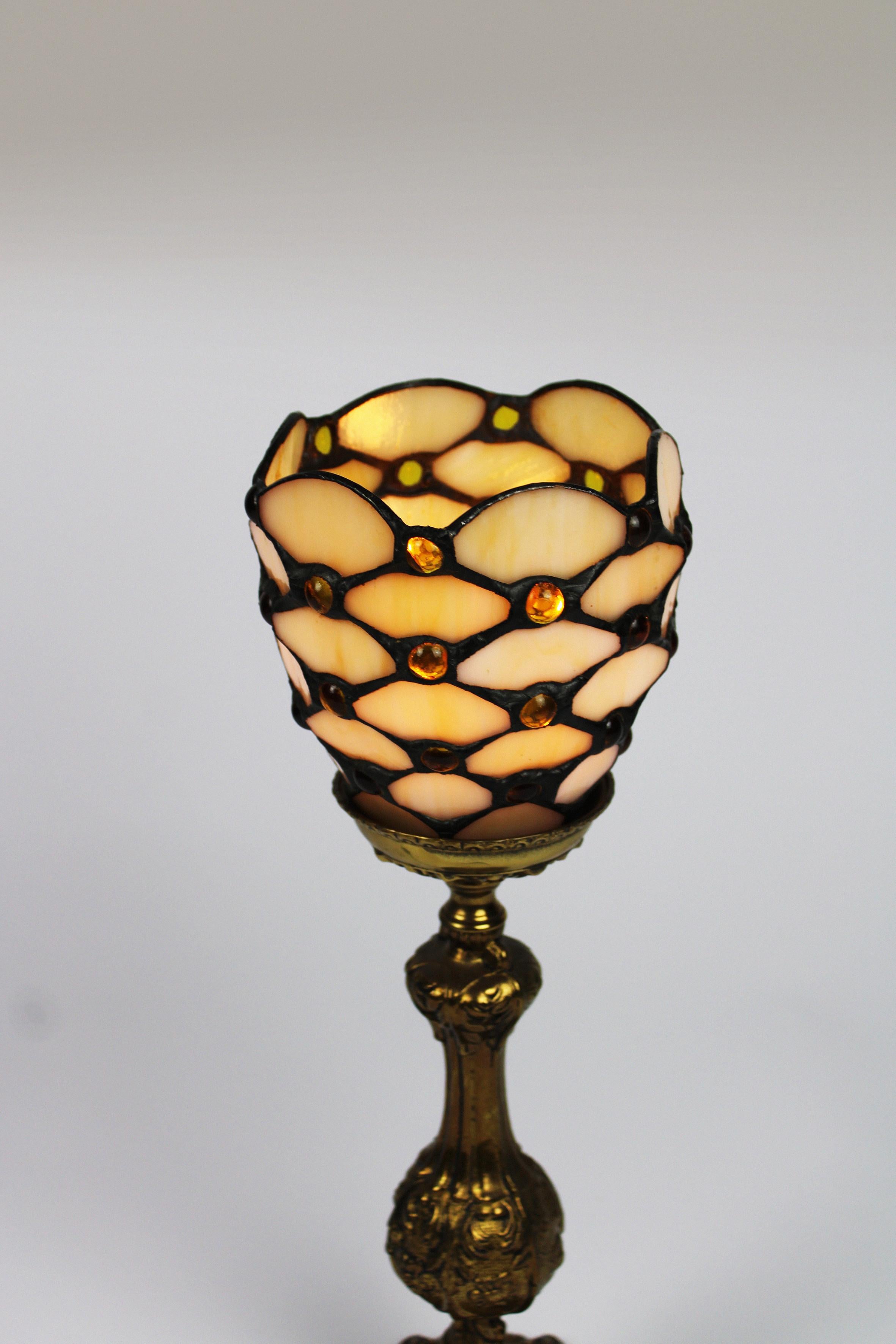 Art Nouveau Table Lamp Glass Bronze Jugendstil Handcraft Tiffany Style 1950's In Good Condition In Antwerpen, BE