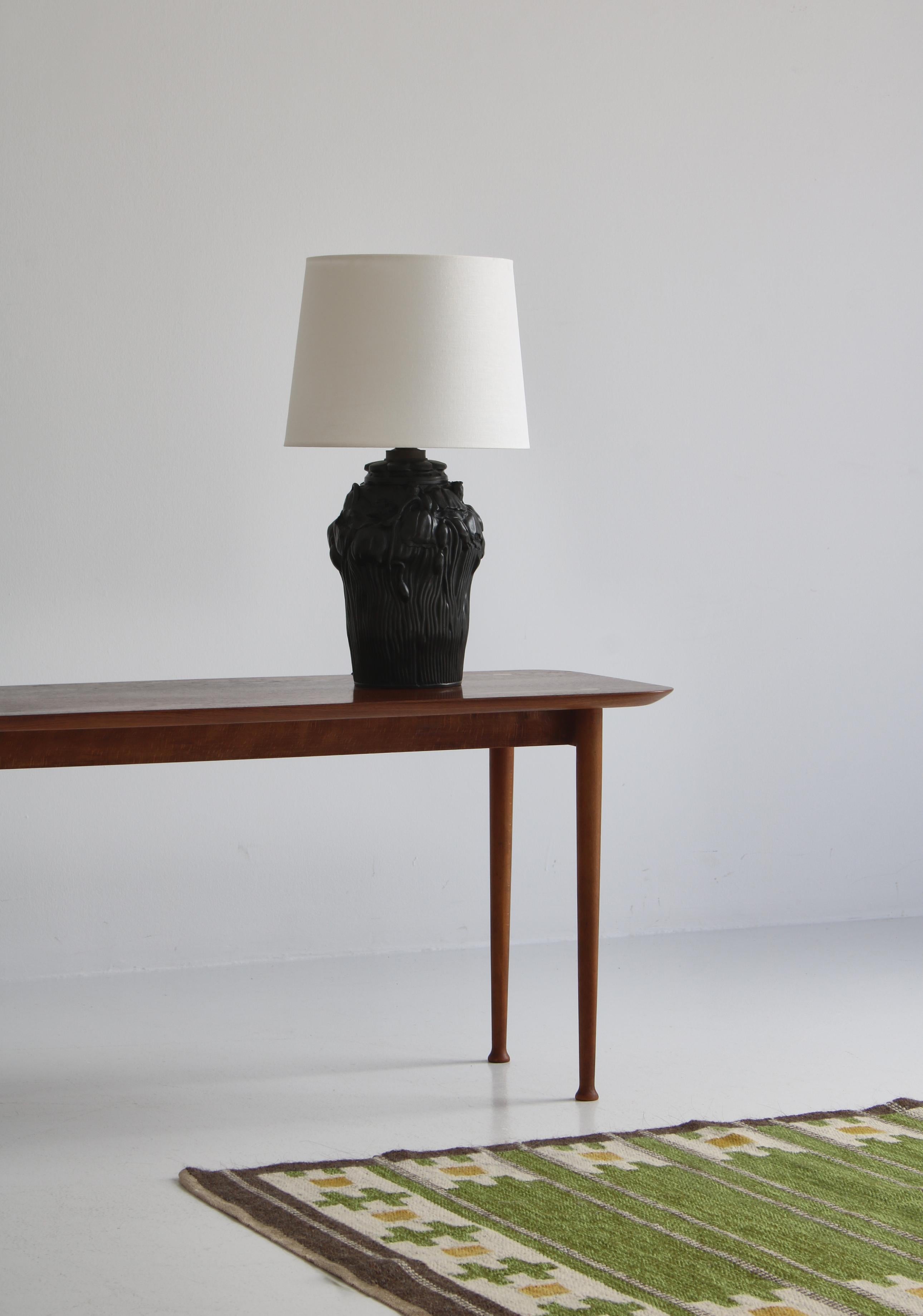 Amazing Art Nouveau earthenware / terracotta table lamp with flower / poppy decorations made in Denmark at 