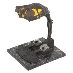 Antique Art Nouveau Table Lamp in Bronze and Yellow Glass, Early 1900s