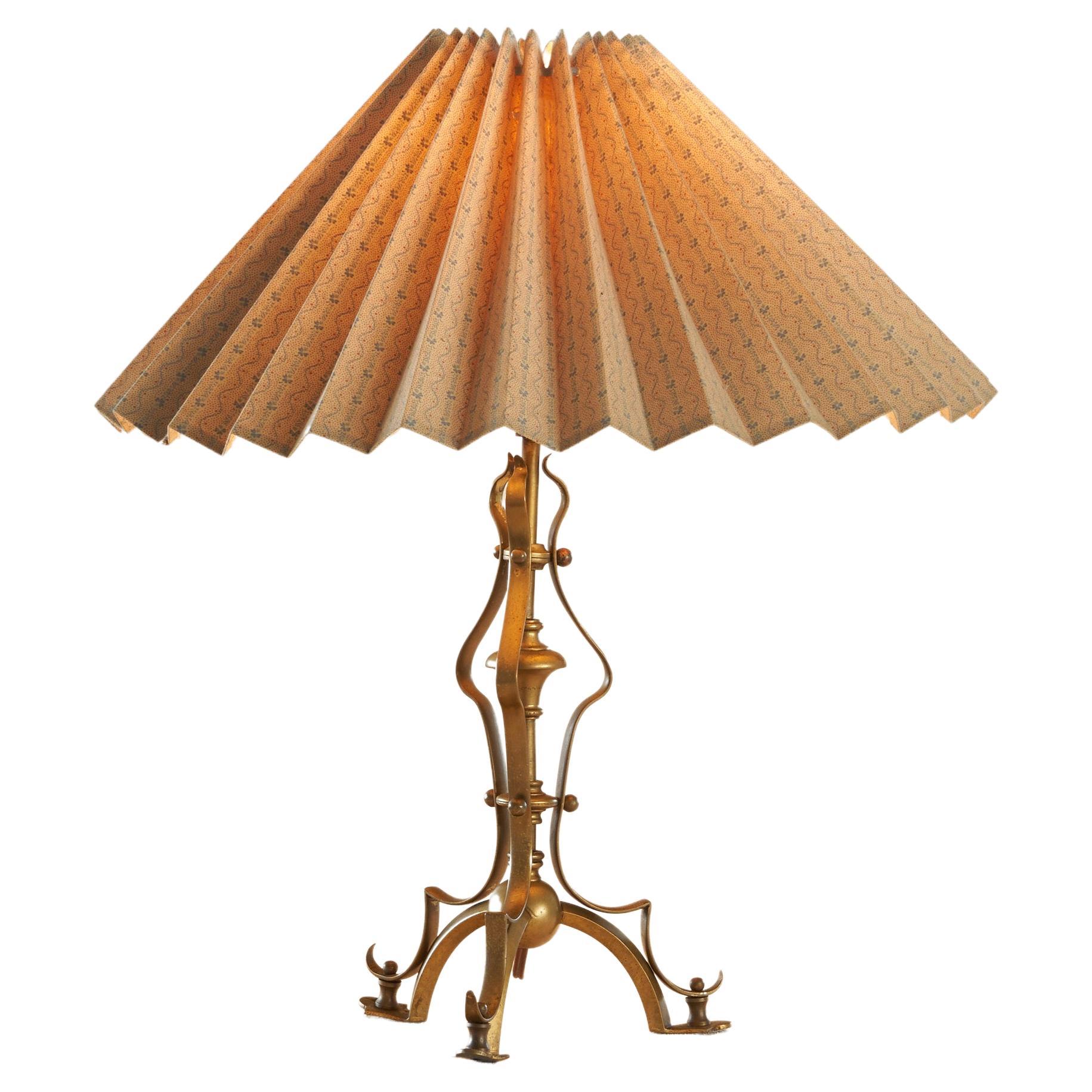 Art Nouveau Table Lamp in Patinated Brass with Plissé Shade For Sale