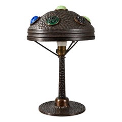 Art Nouveau Table Lamp in Patinated Metal with Multicolored Glass Cabochons