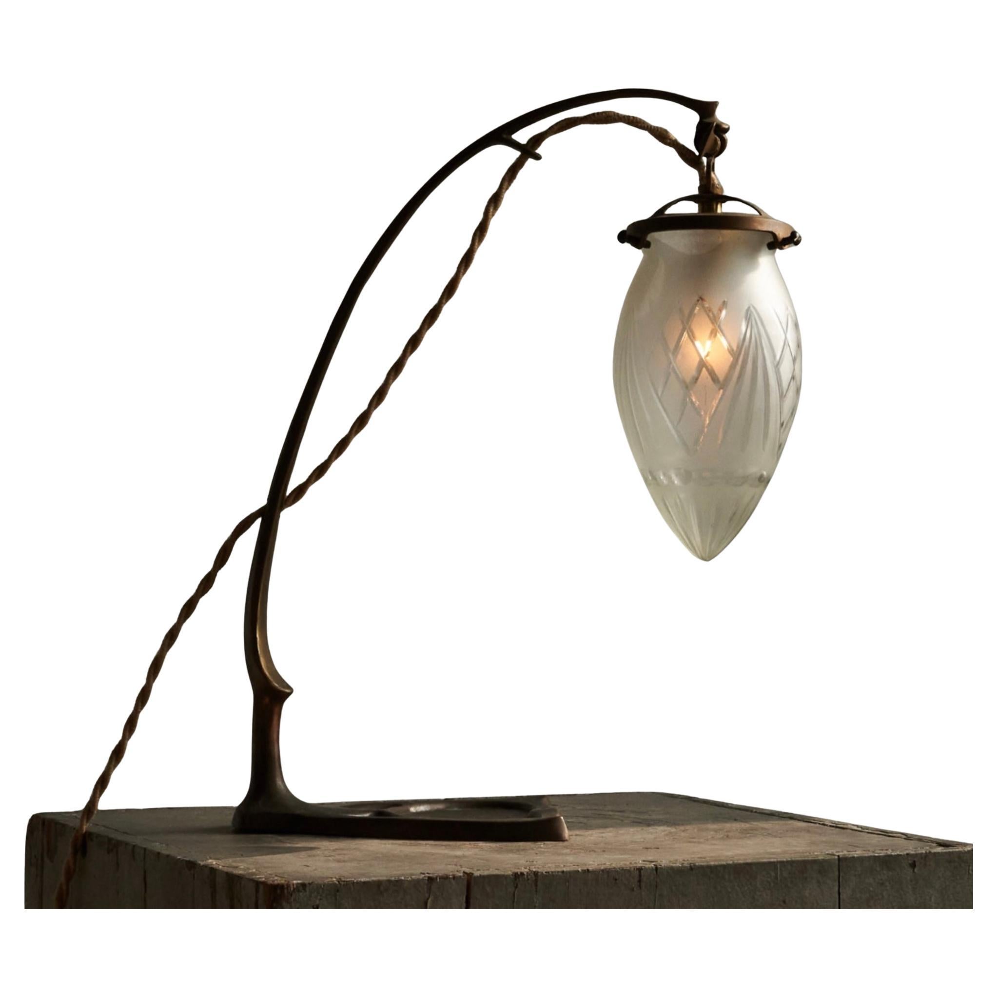 Art Nouveau Table Lamp in Sand Cast Brass and Etched Glass 1920s