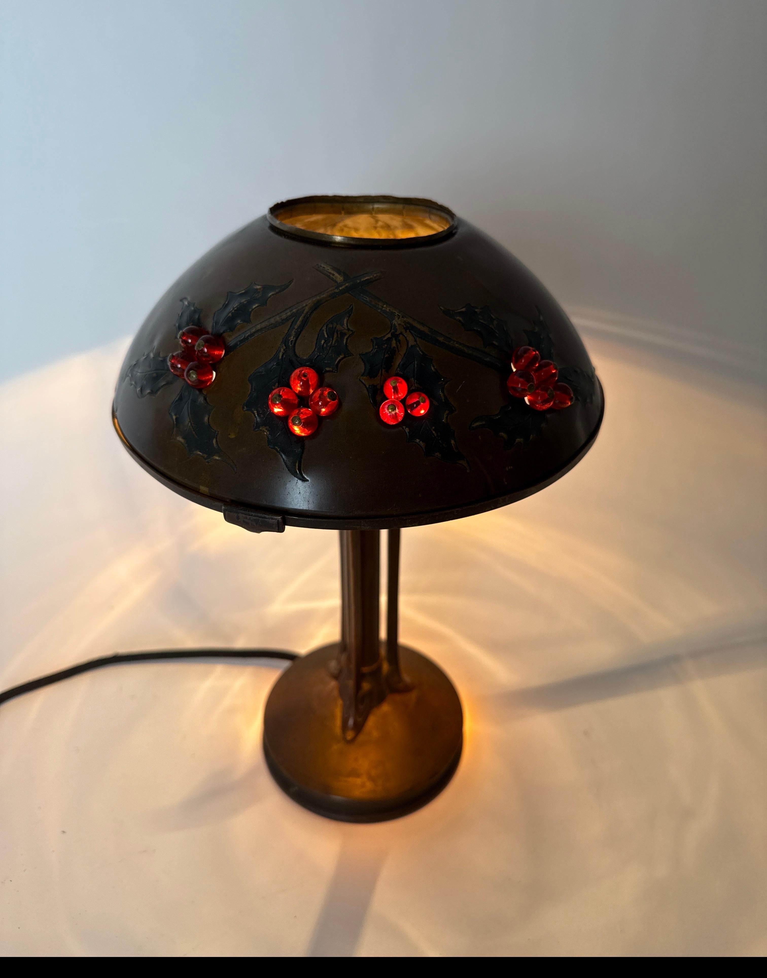 French Art Nouveau Table Lamp in the Shape of a Mushroom  with Holly Plant For Sale