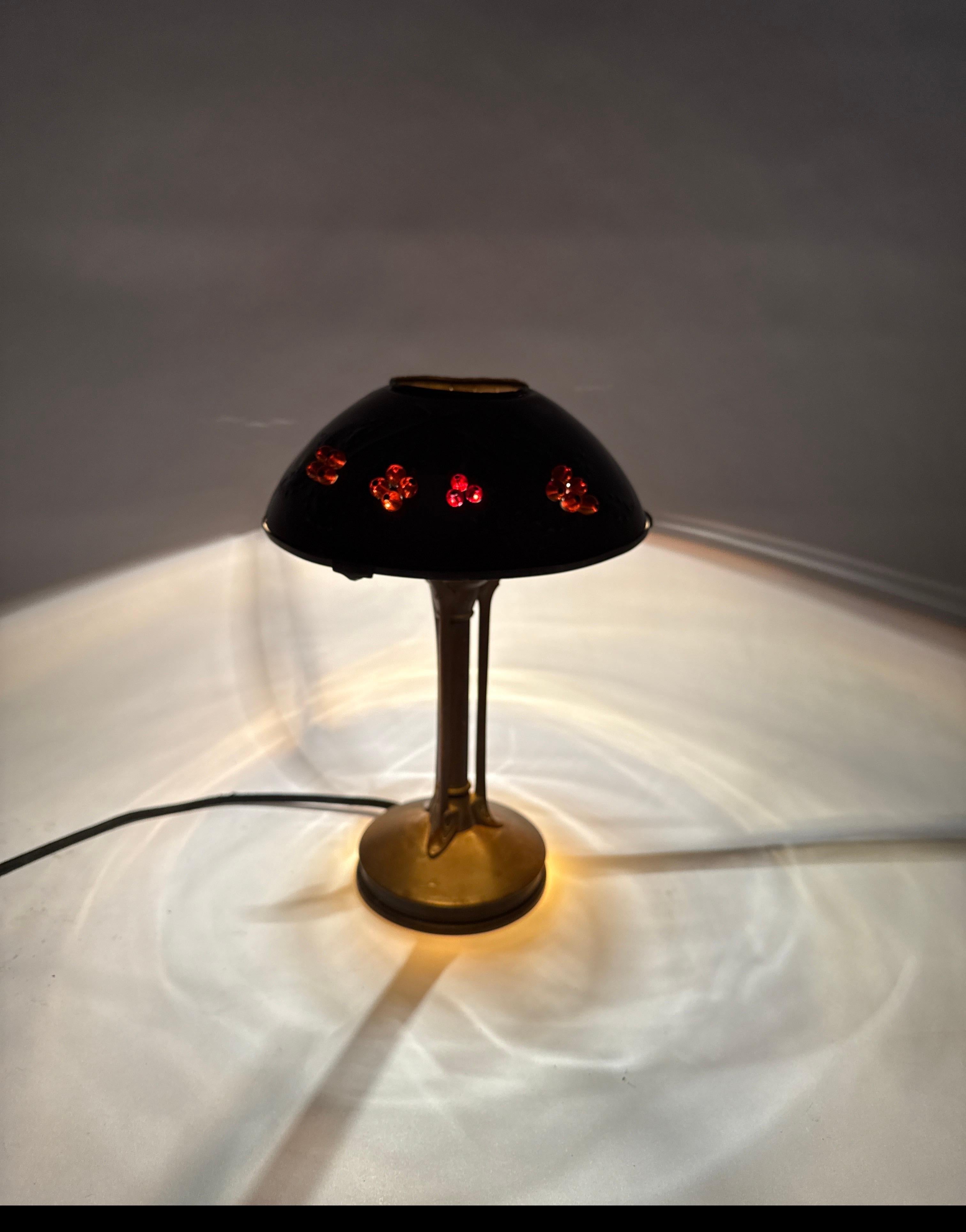 Cast Art Nouveau Table Lamp in the Shape of a Mushroom  with Holly Plant For Sale