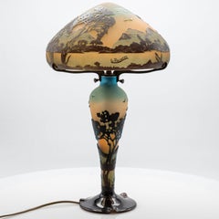 Lampada da tavolo Art Nouveau La Rochere soffiata a mano in vetro blu giallo marrone, Francia