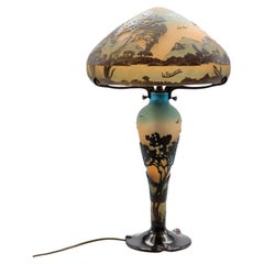 Art Nouveau Table Lamp La Rochere Handblown Blue Yellow Brown Glass, France