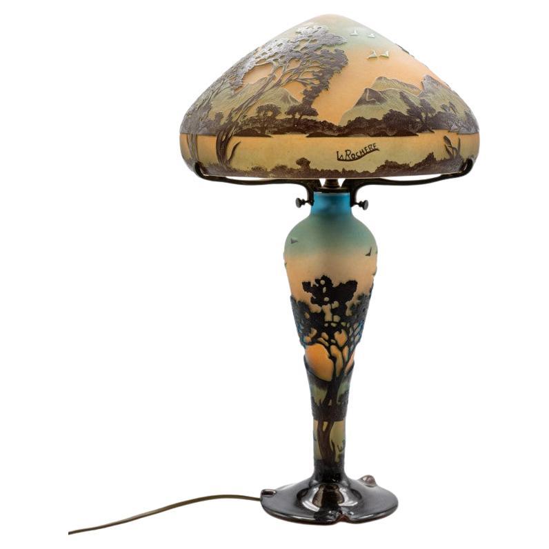 Art Nouveau Table Lamp La Rochere Handblown Blue Yellow Brown Glass, France