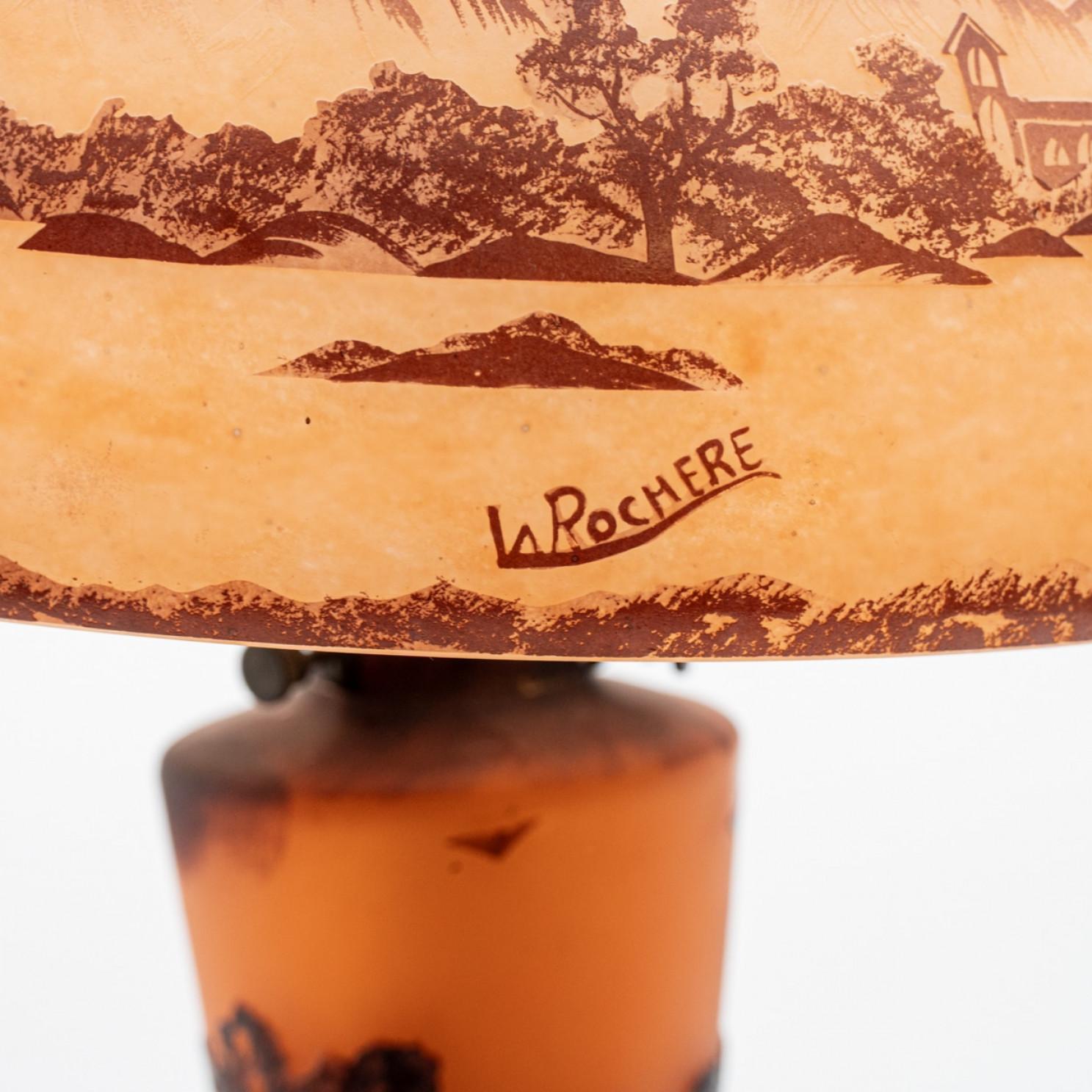 Art nouveau Lampe de table Art Nouveau La Rochere Verre soufflé à la main orange et brun, France en vente