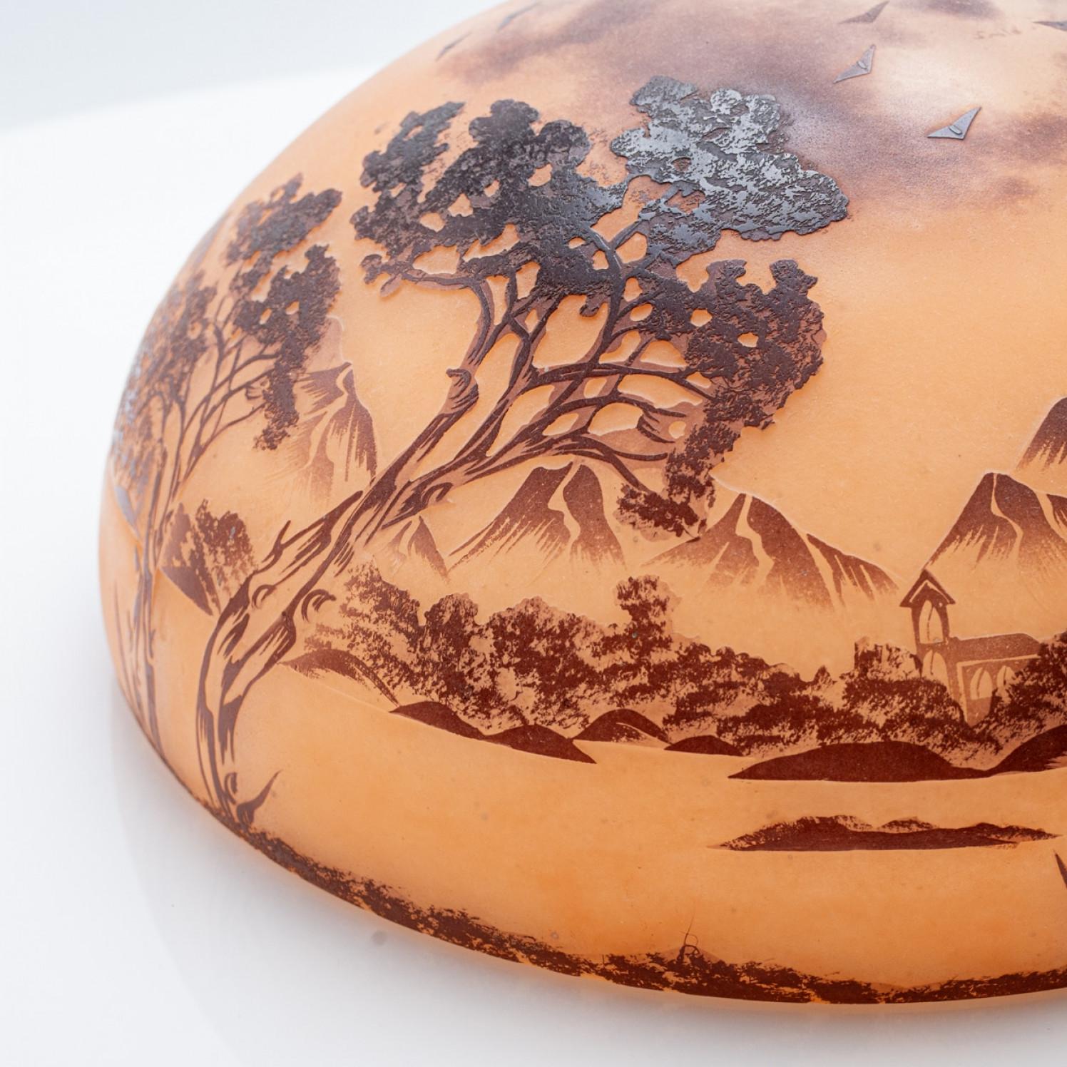 Français Lampe de table Art Nouveau La Rochere Verre soufflé à la main orange et brun, France en vente