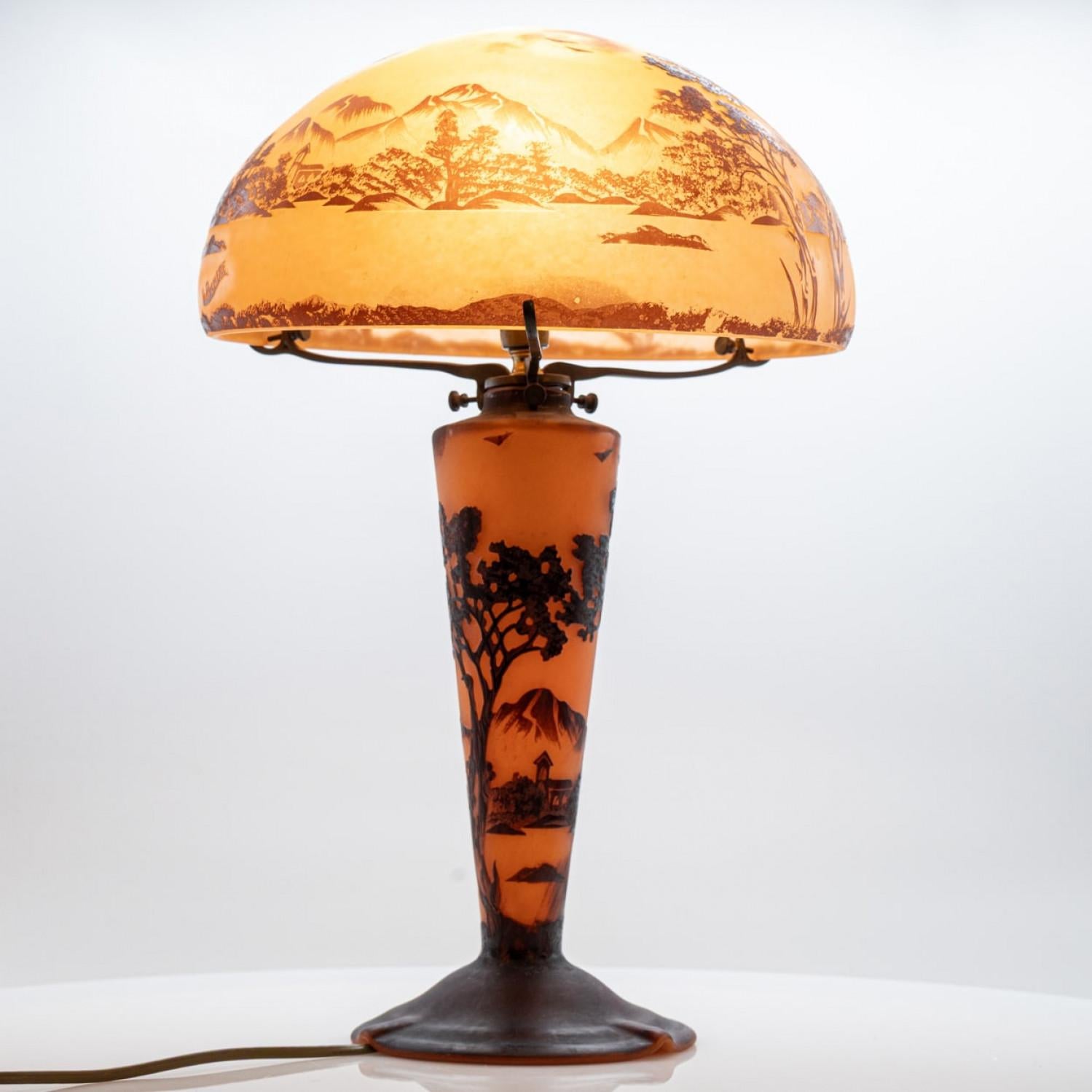 Lampe de table Art Nouveau La Rochere Verre soufflé à la main orange et brun, France Bon état - En vente à Rijssen, NL