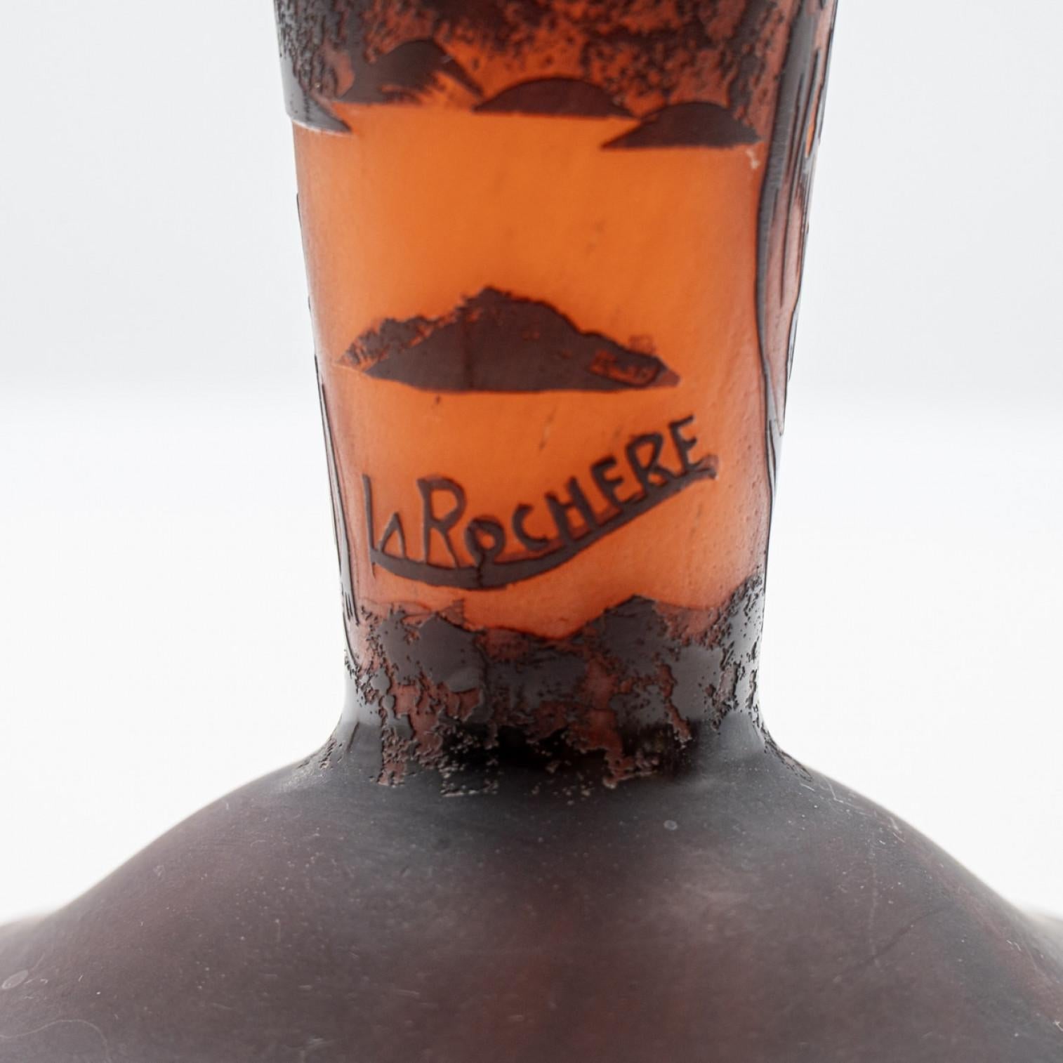 Fin du 20e siècle Lampe de table Art Nouveau La Rochere Verre soufflé à la main orange et brun, France en vente