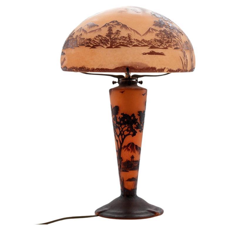 Lampe de table Art Nouveau La Rochere Verre soufflé à la main orange et brun, France