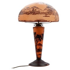 Art Nouveau Table Lamp La Rochere Handblown Orange Brown Glass, France