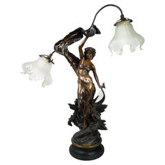 Jugendstil-Skulptur Tischlampe Lever de l'Aurore von J. Causse, 19.