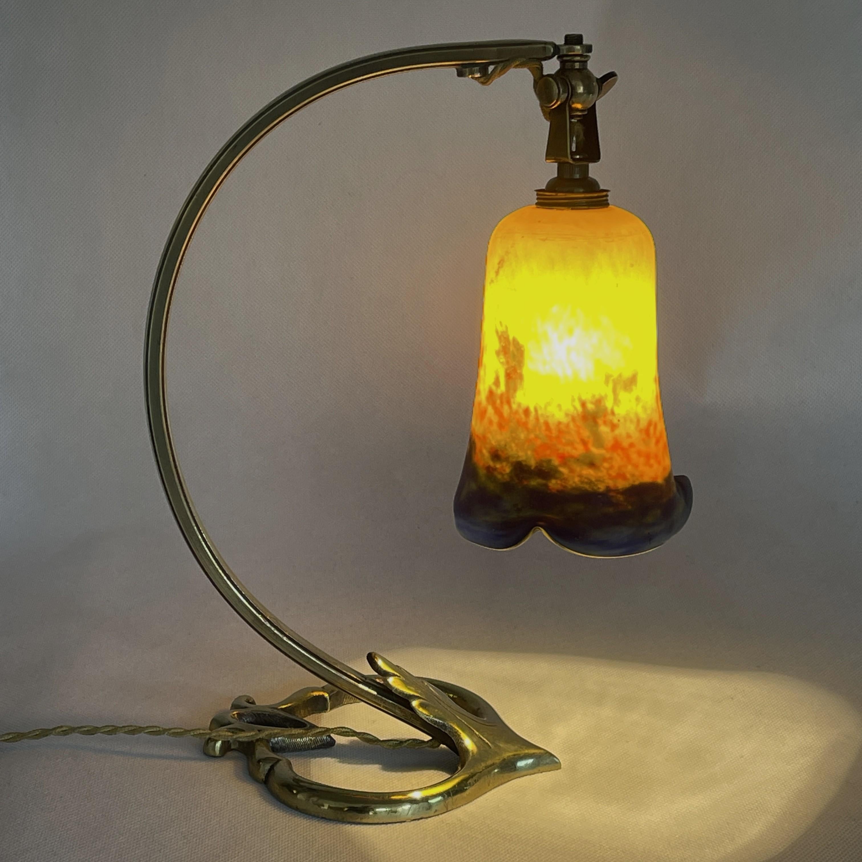 Bronze Art Nouveau Table Lamp, Pate De Verre Glass, 1900s For Sale