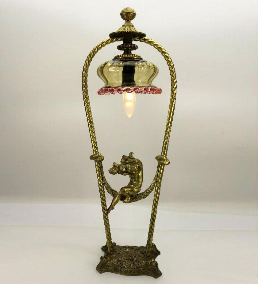 Early 20th Century Art Nouveau Table Lamp Putto on Swing, 1920 For Sale