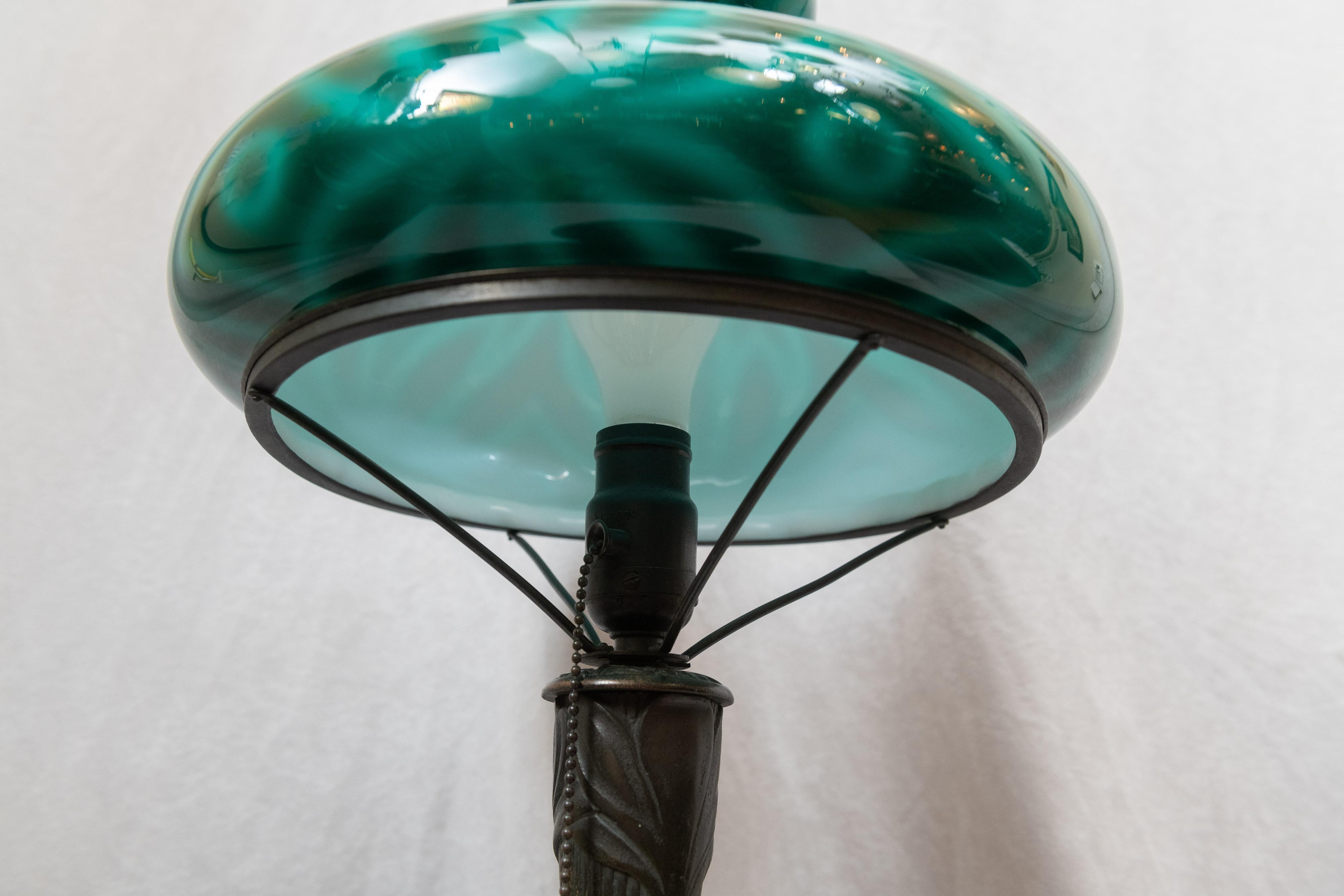 Early 20th Century Art Nouveau Table Lamp with Spider Shade by Emeralite