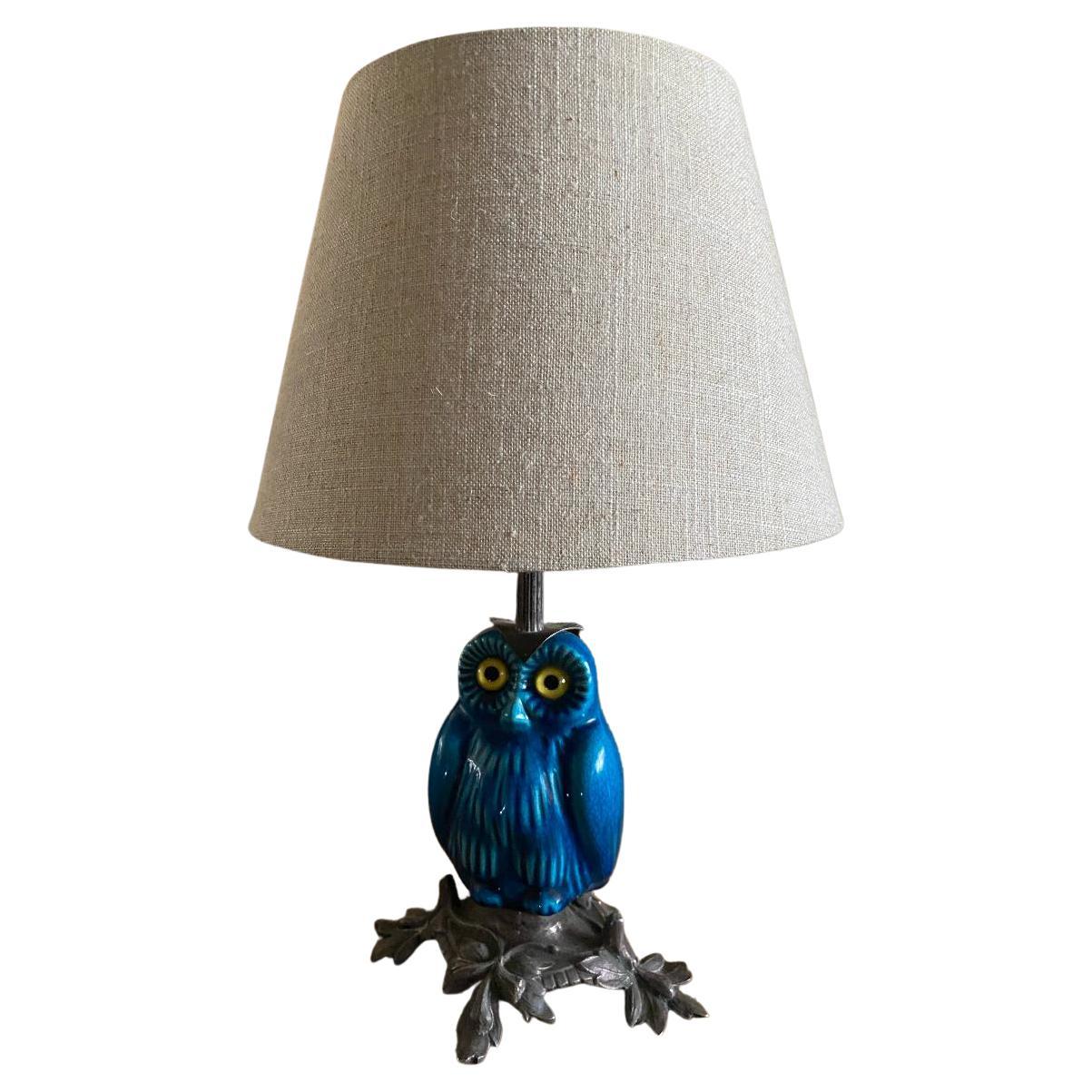 Art Nouveau Table Lamp with a Base of an Indigo Colored Owl For Sale